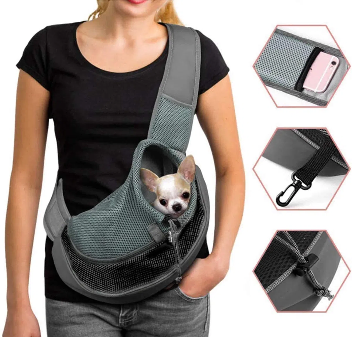 Tragetuch Klein Hund Tragetasche Welpen Umhängetasche Haustier Transporttasche mit Verstellbar Schultergurt Hundetragebeutel Mesh Hundetrage Outdoor Katzentrage Kleintiere Hundetragetuch