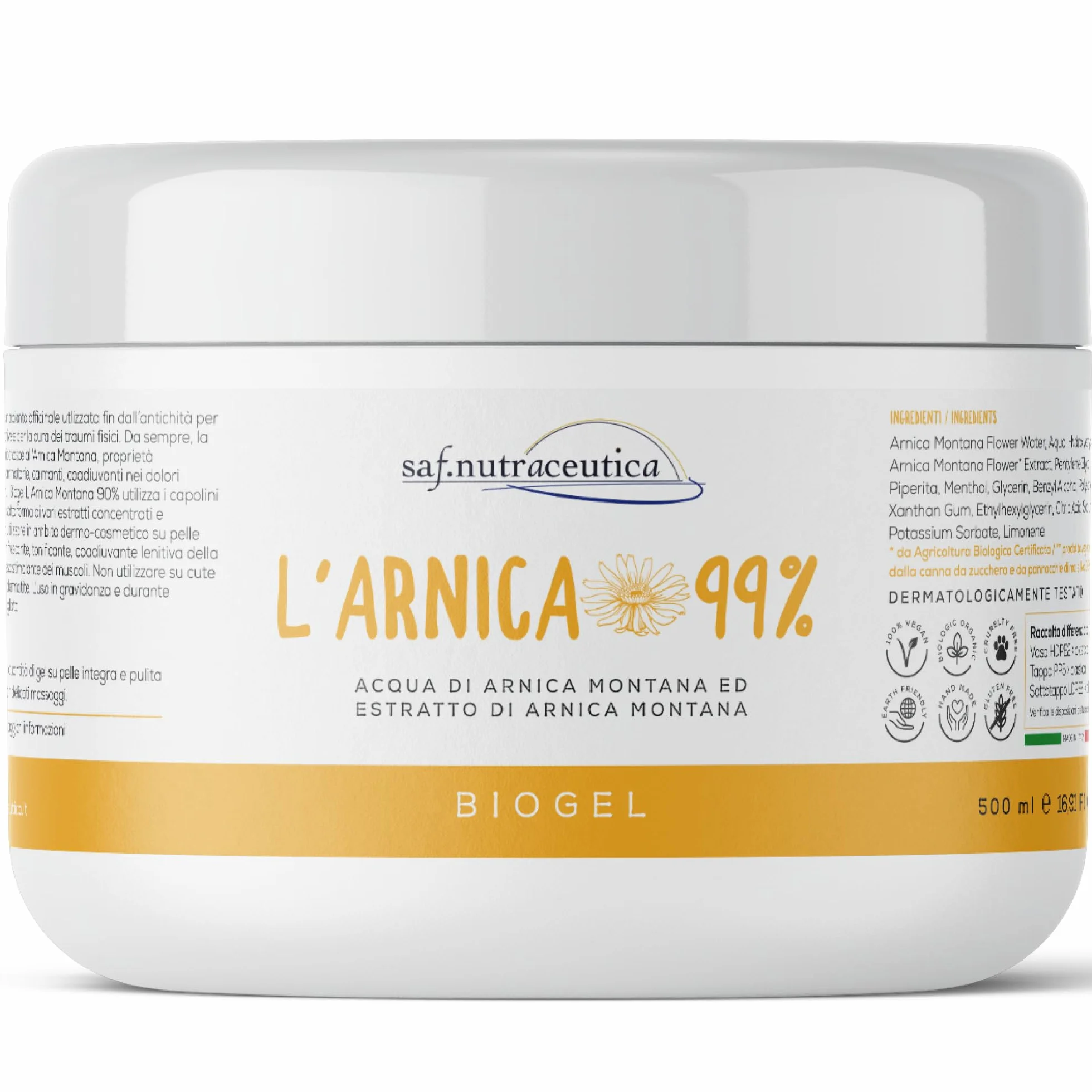 Saf.Nutraceutica - Arnica 99% für Pferde Human Use Extra Strong, Fast-Acting Biogel, 99% Natural, Super Concentrated with Three Extracts of Arnica Montana, Dermatologically Tested, 500 ml