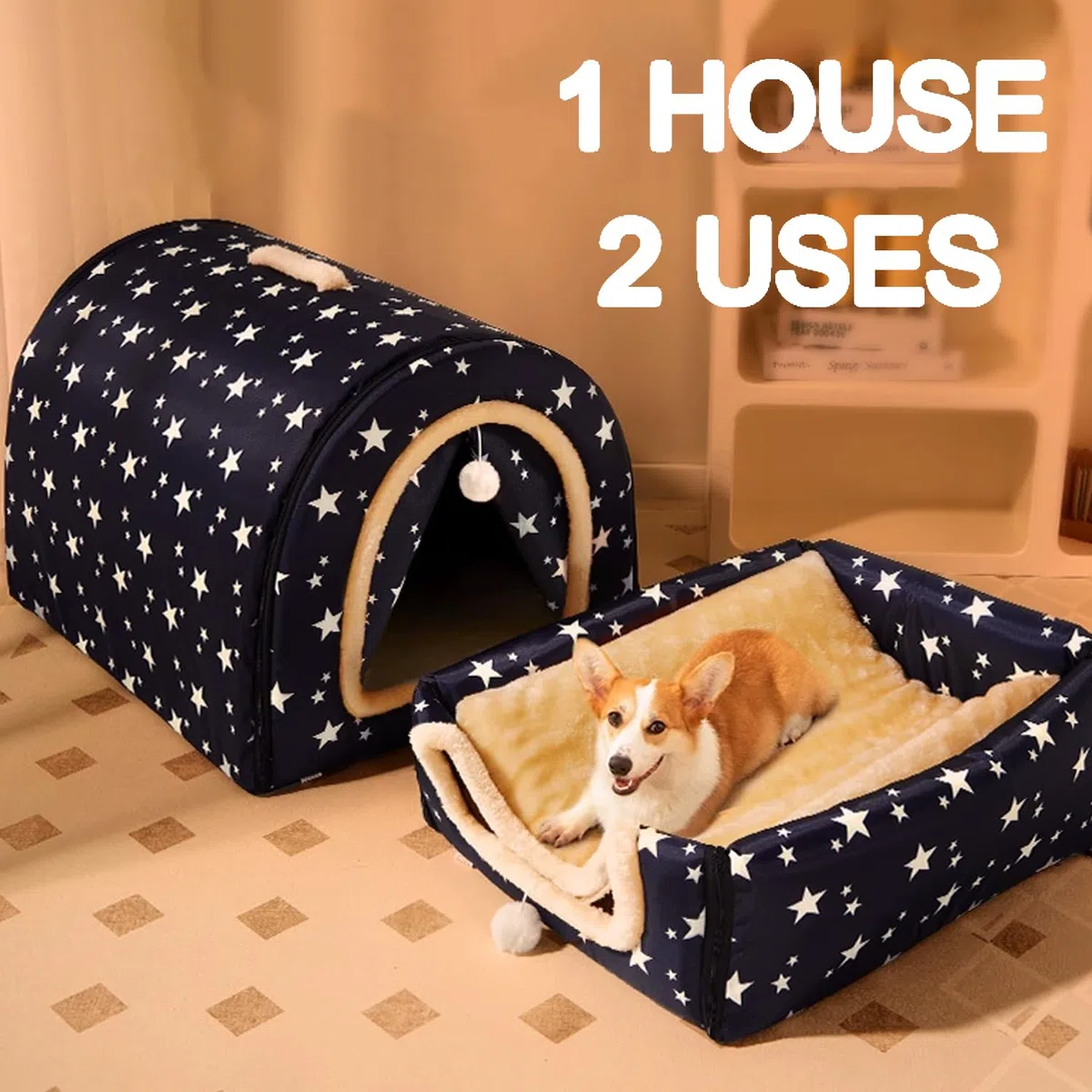 Großes Hundebett, 2-in-1, beruhigende Haustierhöhle, wasserdicht, abnehmbares Hundehaus, Anti-Angst, mit weichem Hundekissen, rutschfeste Unterseite, Hunde- und Katzenbett für den Innenbereich