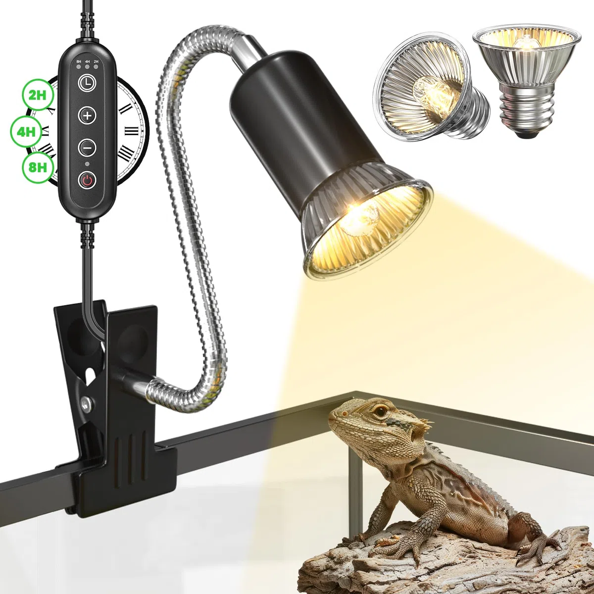 Schildkröte Wärmelampe Terrarium, Reptilien WäRmelampe 50W UVA/UVB Lampe Terrarium mit Timer und Clip E27 Lampenfassung für Schildkröte Spinne Eidechse Schlange Amphibien(2 Birnen enthalten)