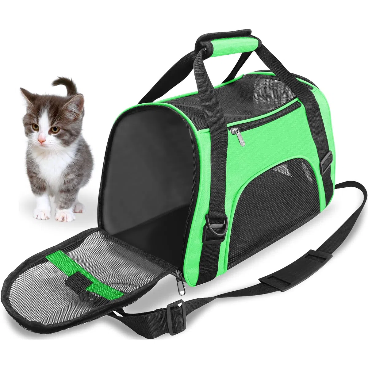 Haustier Reise Tragetasche für Katze Hund Kaninchen Hamster, Flugzeug Genehmigt Weich Seitlich Tragbare Haustier Tasche mit Schultergurt (M - 47x27x28 cm for Max 5KG Pet, Grün)