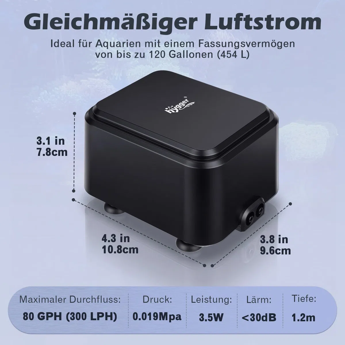 hygger Leiser Aquarienluftpumpe <30dB, Einstellbare geräuscharme Sauerstoffpumpe für Aquarien mit 2 Luftauslässen, Extrem Leistungsstarker leiser Belüftungspumpe mit Zubehör
