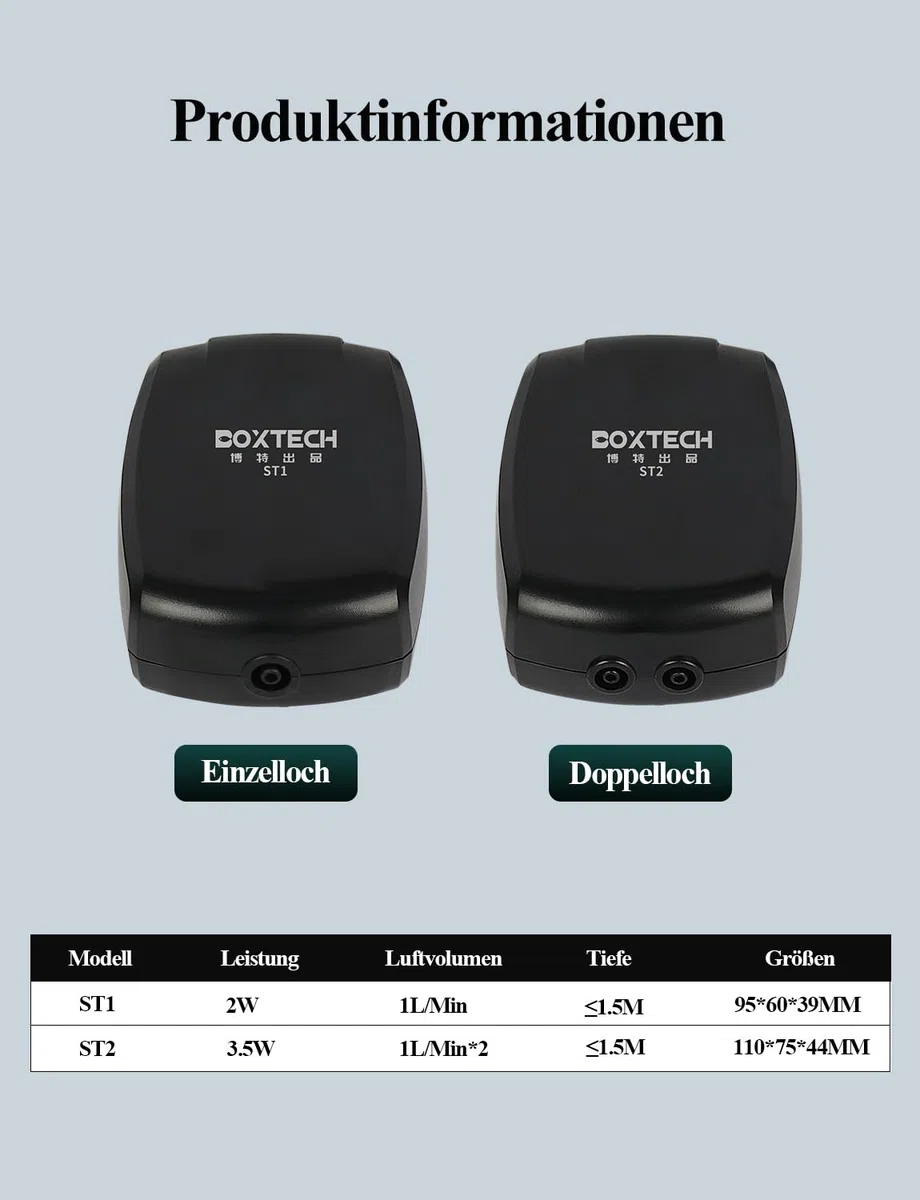 Boxtech Aquarium Luftpumpe,Mini Sauerstoffpumpe mit Luftstein,Rückschlagventil,Leistungsstarke luftsprudler Fisch Pumpe für Nanoaquarien（2 W）