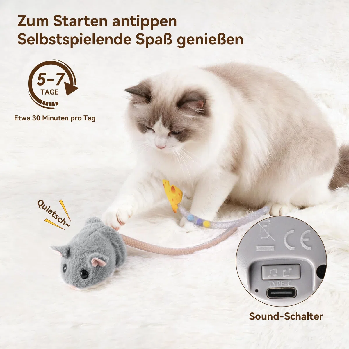 Migipaws Interaktives Katzenspielzeug, elektrisch rollende Migimaus mit wackelndem Schwanz,Intelligenter Sensor, Quietschen, Katzenspielzeug selbstbeschäftigung mit Katzenminze,wiederaufladbar