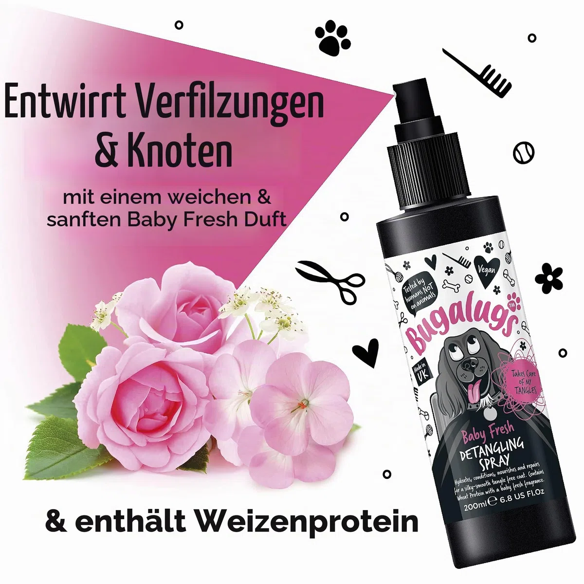 Bugalugs - Entwirrungsspray für Hunde – 200 ml – Aroma Baby Fresh – erleichtert das Bürsten und Macht das Fell weich, ohne Ausspülen, Alkohol und Parabene, ideal für den täglichen Gebrauch oder nach