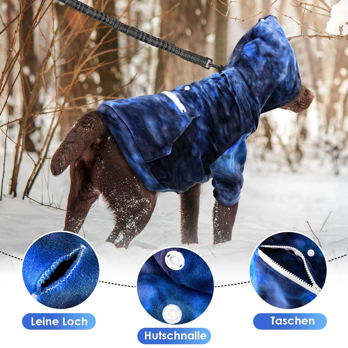 Eyein Hundehoodie für kleine mittlere und große Hunde, Warmer Flanell Hunde Kapuzenpulli mit Taschen und Leine Portal, Weiche Hundebekleidung für Frühling Herbst Winter (Blau-Grau Tie Dye, M)