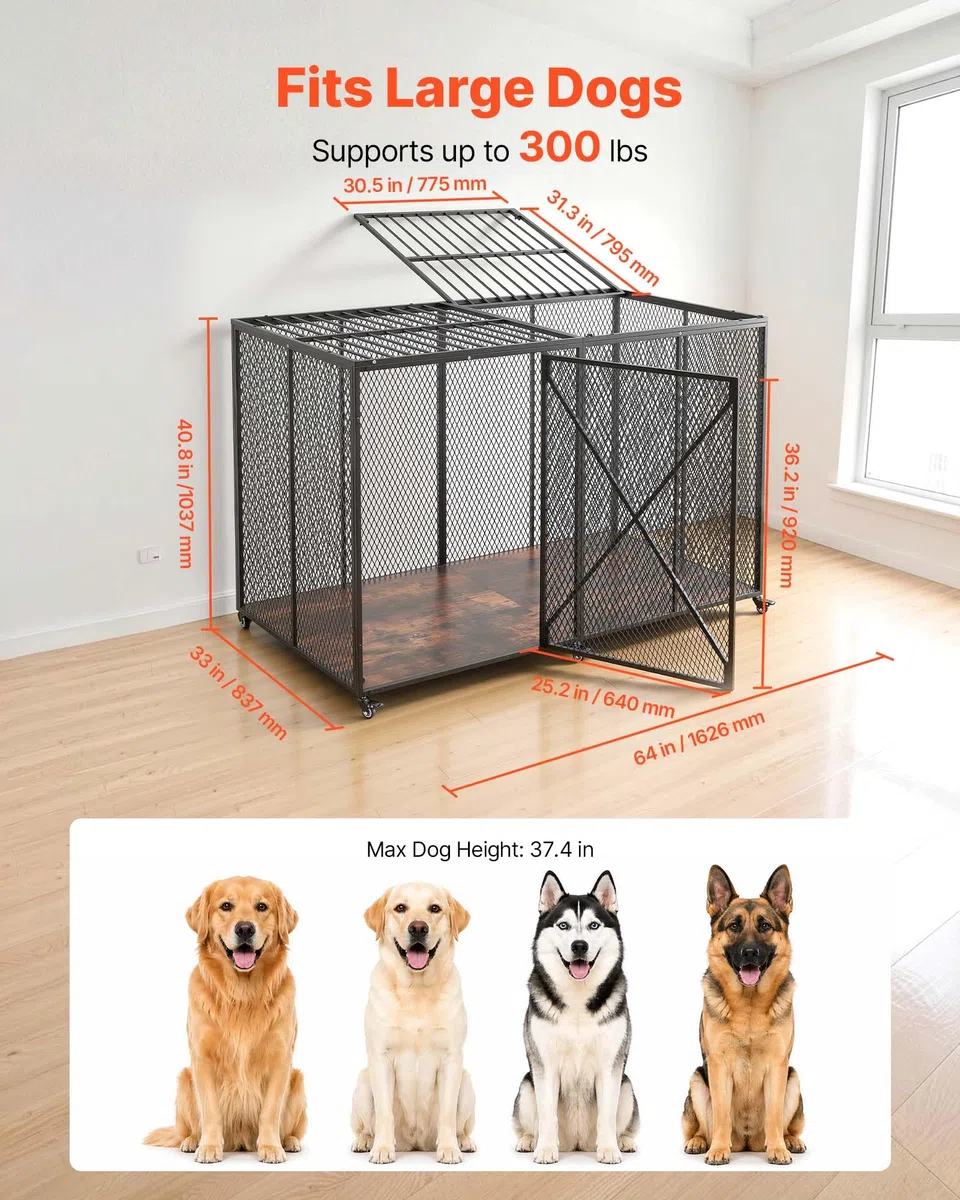 VEVOR Hundekäfig Hochbelastbar 1626x837x1037 mm, Hundebox Geeignet für Große Hunderassen bis 136 kg, Haustierkäfig Hundegitterbox aus Stahlrahmen mit Doppeltüren & Feststellbaren Rollen