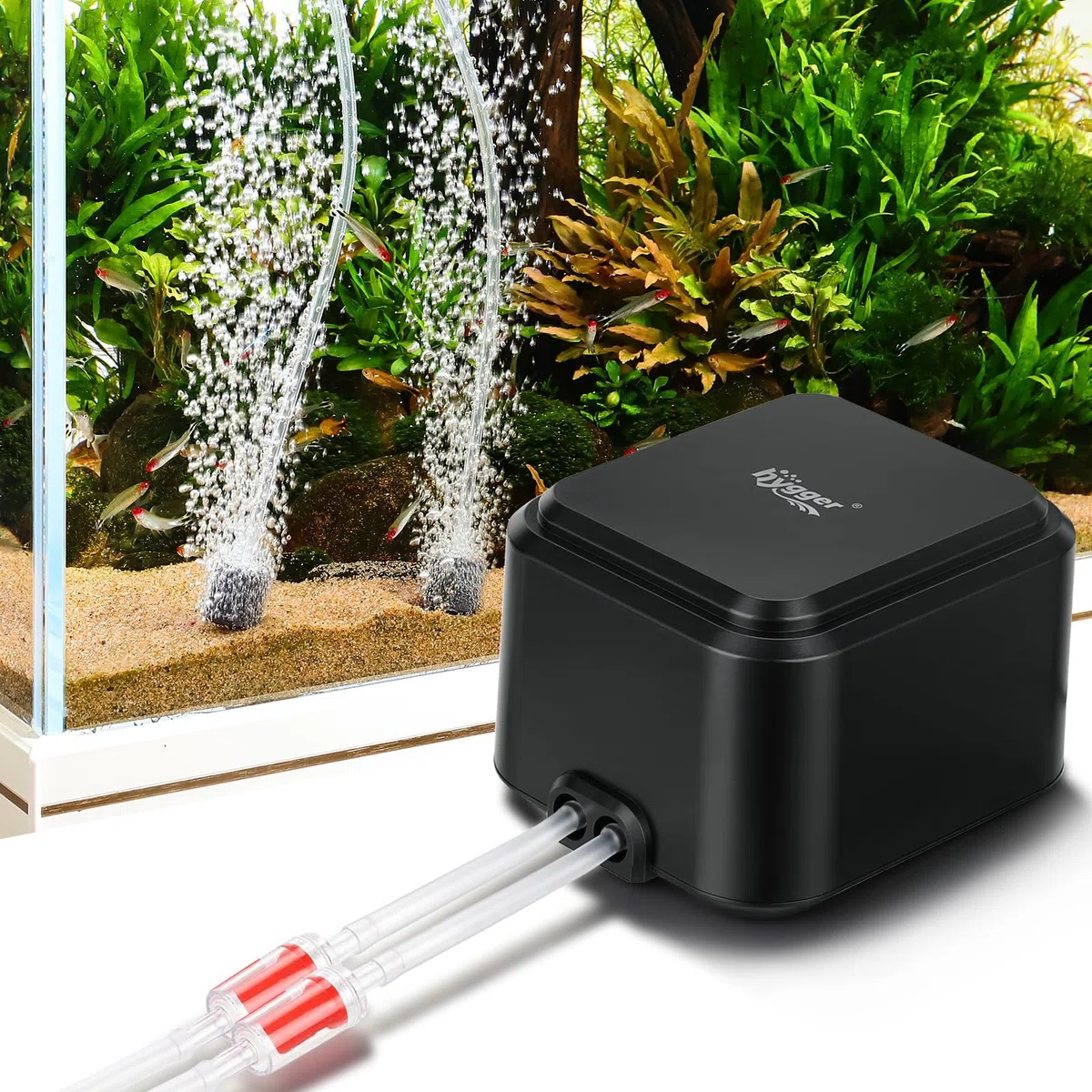 hygger Leiser Aquarienluftpumpe <30dB, Einstellbare geräuscharme Sauerstoffpumpe für Aquarien mit 2 Luftauslässen, Extrem Leistungsstarker leiser Belüftungspumpe mit Zubehör