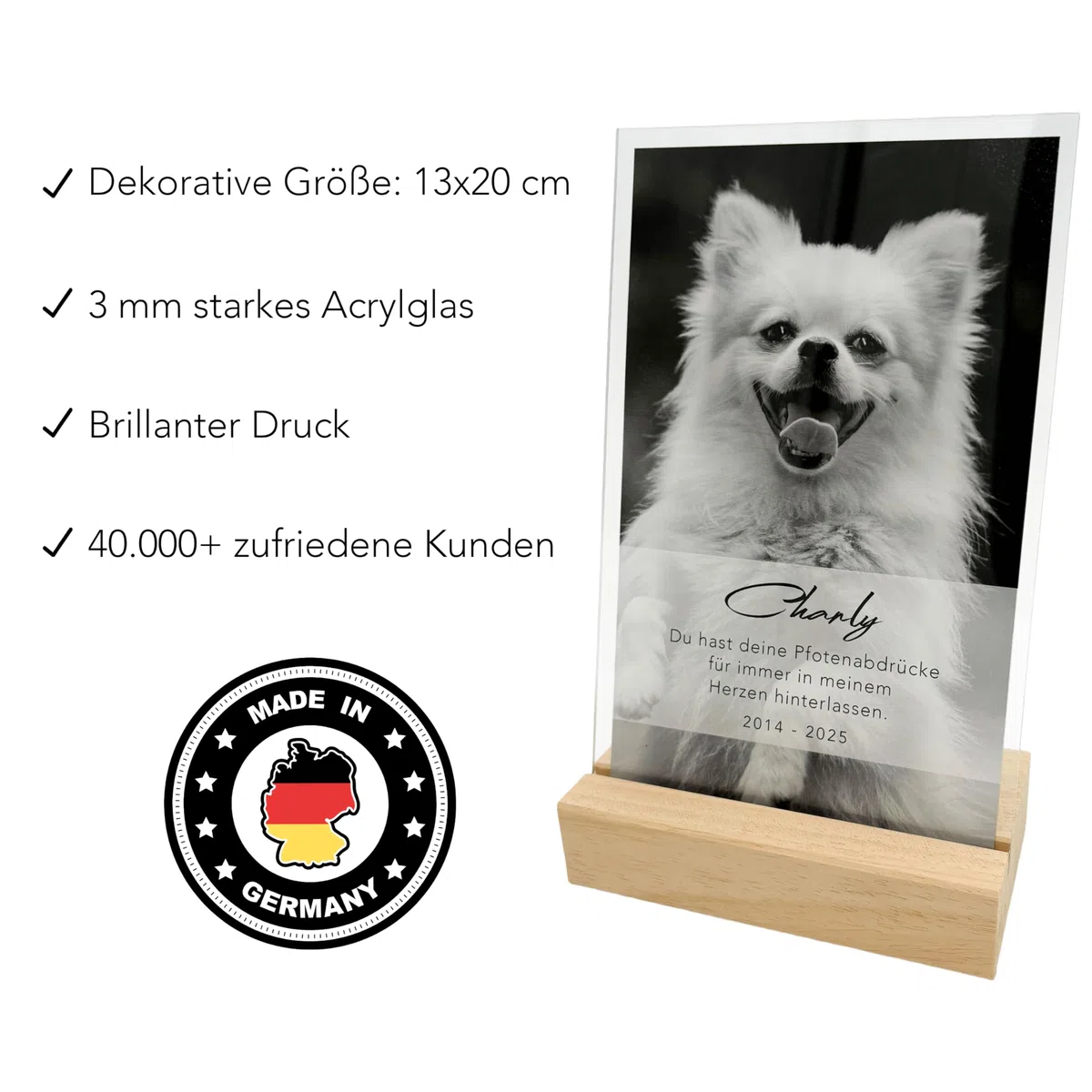 DEL MÀ Unique & Personal Andenken an verstorbenen Hund Bild Gedenktafel aus Acryl zur Erinnerung & Trauer personalisiert mit Foto Geschenk für Hundebesitzer inkl. Holzfuß 13x20 cm (Hochformat)