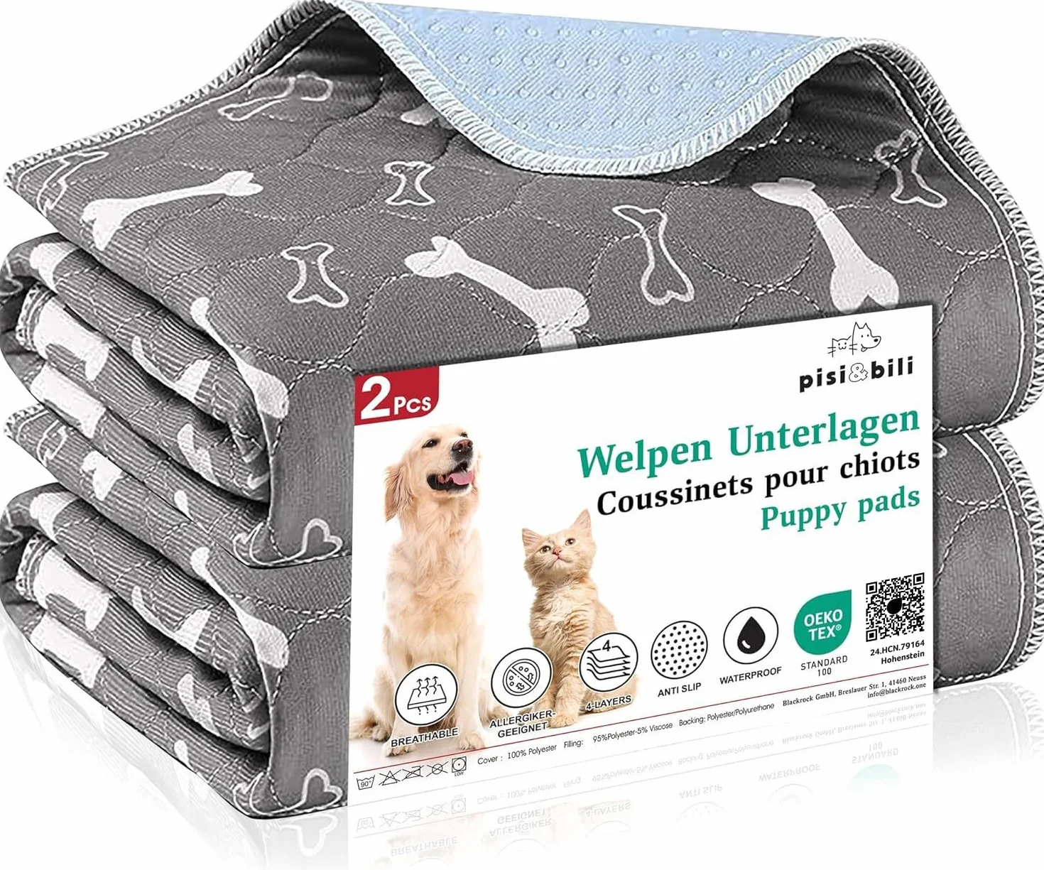 Inkontinenzunterlage für Haustiere 2er Set 80x90 cm – Waschbare, saugstarke, Oeko-Tex zertifizierte Trainingspads und Wiederverwendbare Urinunterlagen für Hunde, Katzen und Meerschweinchen