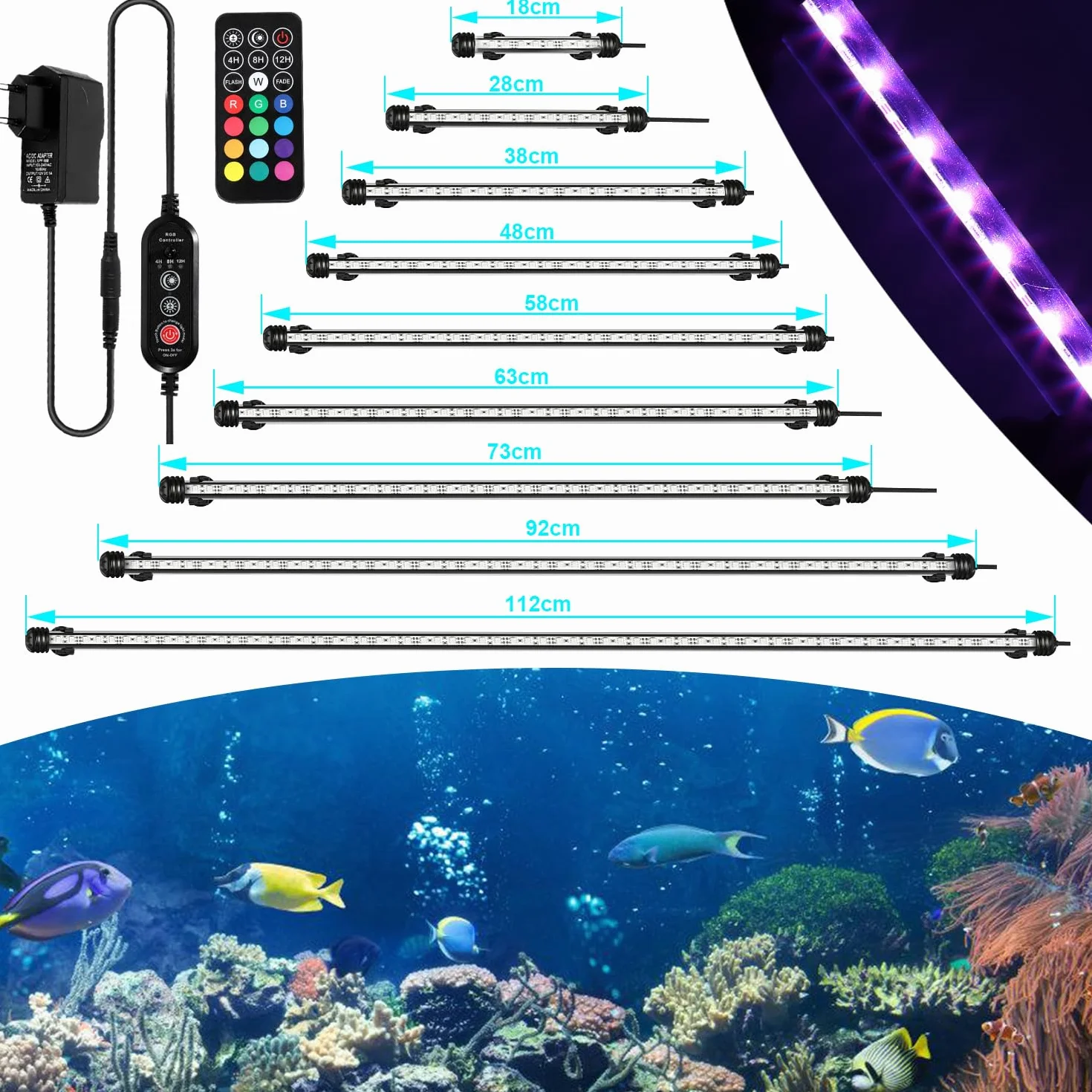 Aquarium LED Beleuchtung, 1,8W Aquarium-Licht RGB, IP67 Wasserdicht, Aquarium-Lichtleiste mit automatischem Timer-Schalter, Geeignet für Süßwasseraquarien unterschiedlicher Größe
