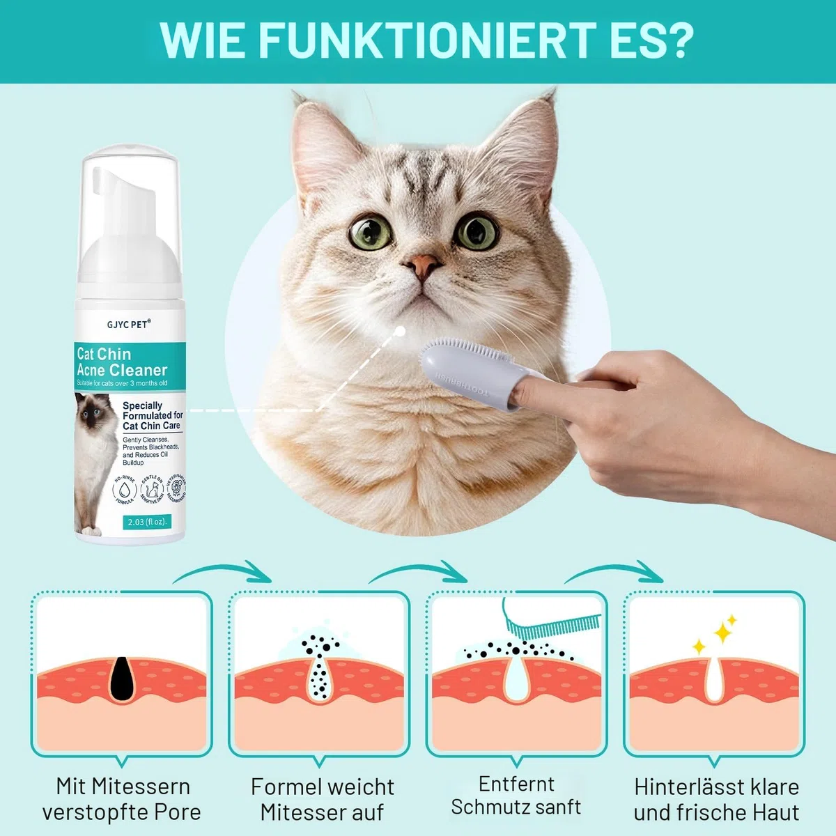 Katzenkinn-Akne-Reiniger - Mitesser- und Pickelentferner ohne Ausspülen mit Bürste, sanfte Pflegeformel für empfindliche Katzenhaut, Öl- und Schmutzkontrolle