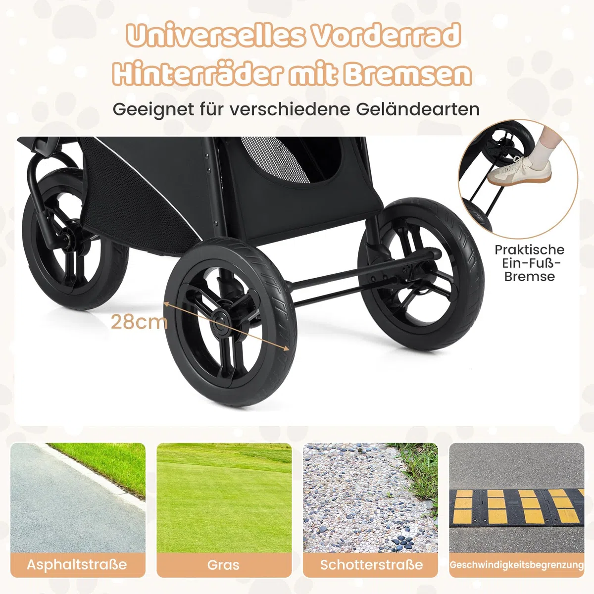 COSTWAY Hundewagen klappbar, Hundebuggy bis 25 kg, Katzenwagen 3 Rad, Haustierwagen mit verstellbarem Sonnendach, Netzfenster, Korb & Polster, Haustierbuggy für Katzen Hunde (Grau)