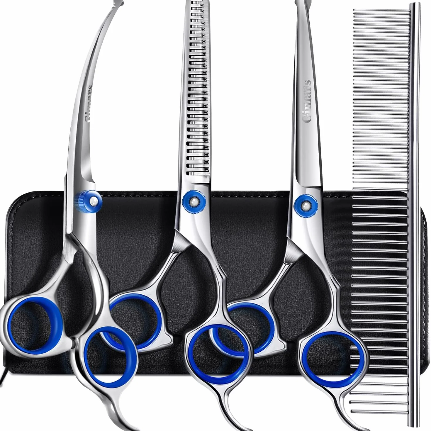 Gimars Professionelle 5-in-1 Fellschere für Hunde, 4CR mit runder Sicherheitsspitze, robuste Titanbeschichtung, gerade und Effilier- und gebogene Schere