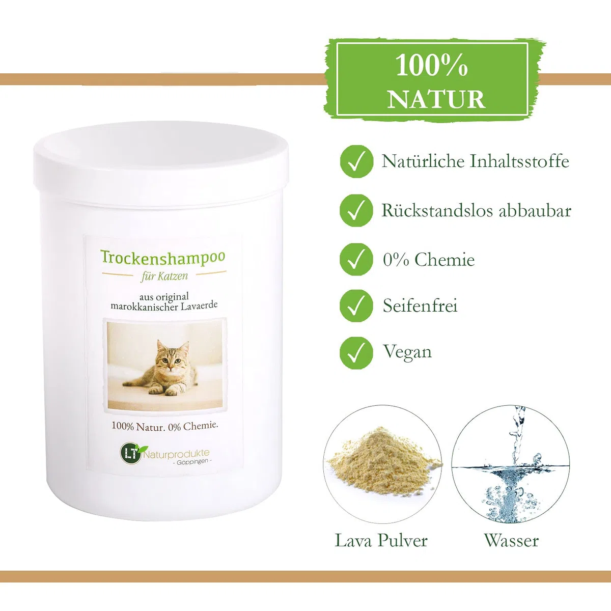 Trockenshampoo für Katzen - mit original marokkanischer Lavaerde | Vegan und Bio | zur chemiefreien Fellpflege | 1 kg