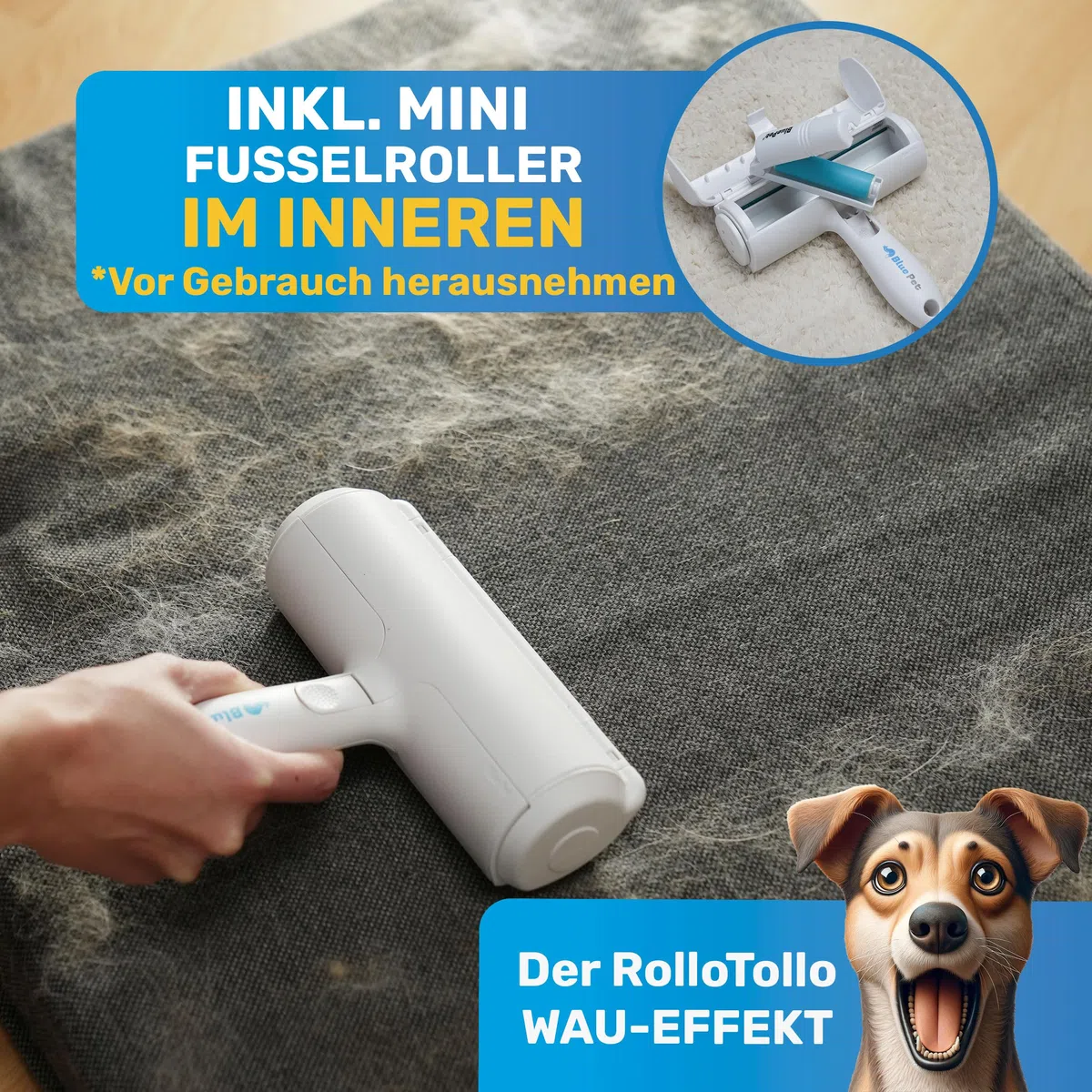 BluePet Tierhaarentferner + Mini Fusselrolle – Wiederverwendbarer Fusselentferner für Tierhaare, Hundehaare & Katzenhaare | Ideal für Kleidung, Polster & Teppiche, Abwaschbarer Katzenhaarentferner
