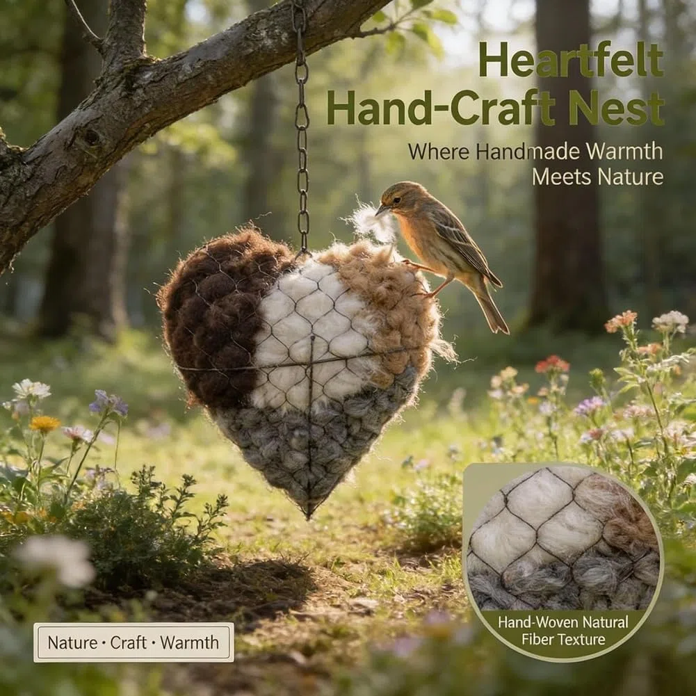Wollherz für Vögel, Zupfherz Alpakawolle-Spender, Nachfüllbarer Nistmaterialhalter, Natürlich Weich Nestbauhilfe, Bietet Unterschlupf Nistmaterial Für Vögel Im Winter, Garten (1pcs)