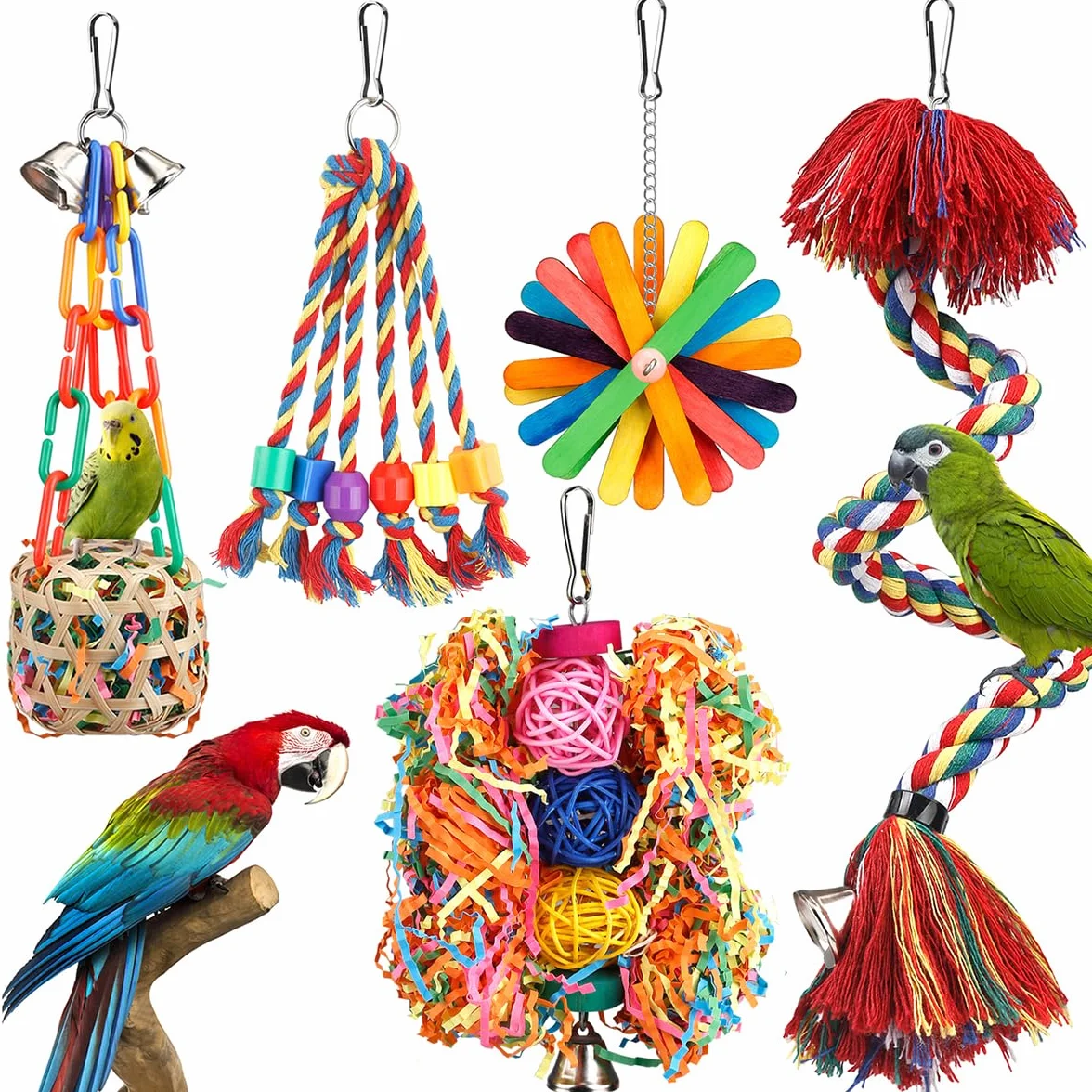 Vogelspielzeug, Seil mit Glocke, bunt, zum Kauen, Sitzstange, Wellensittiche, Schaukel, Klettern, Fußstütze, Käfigzubehör