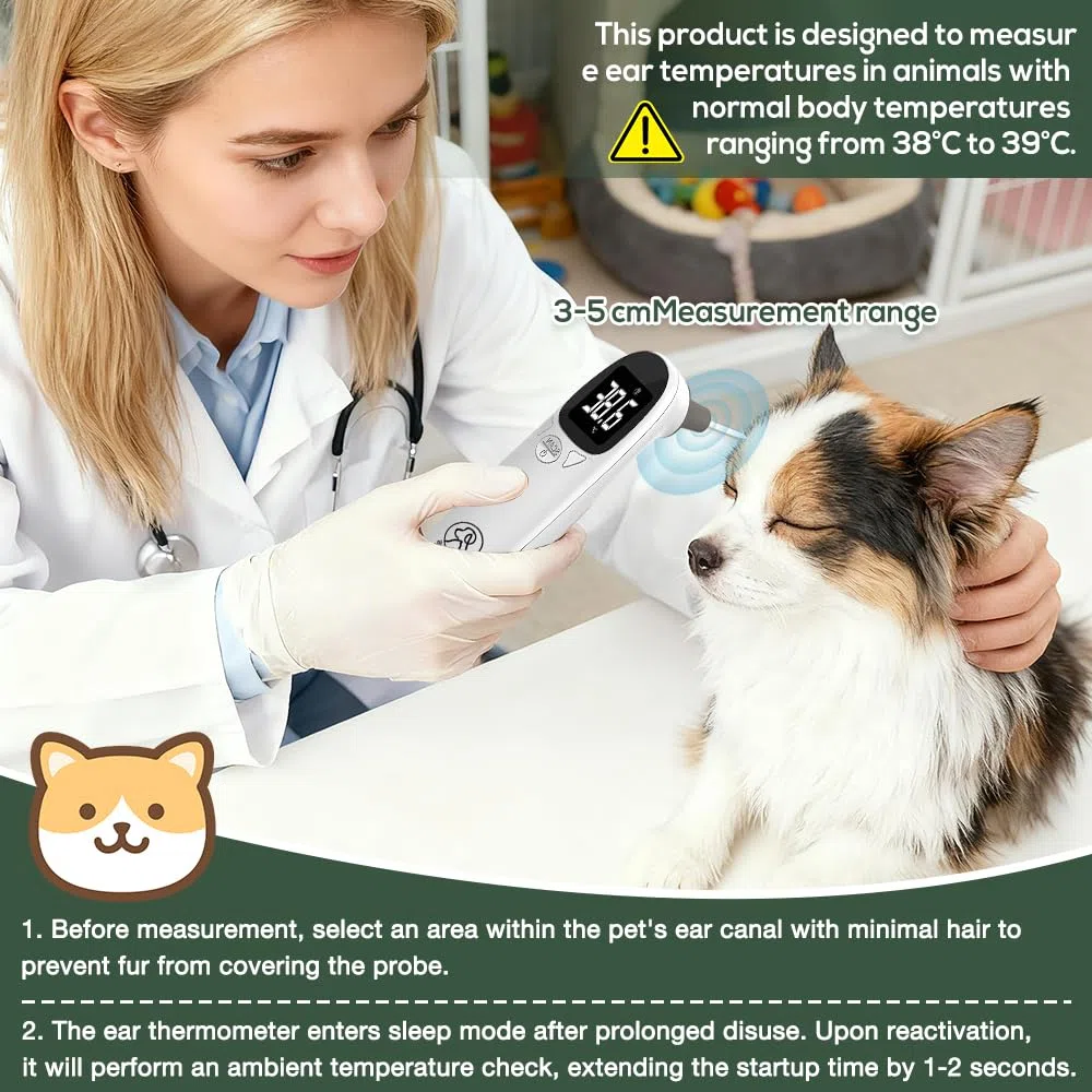 Ohrthermometer Hund, Fieberthermometer Hund mit LED Anzeige, 12,8 * 3,9 cm Tragbares Fieberthermometer Ohr, Fiebererkennung für Katzen, Hunde, Kühe, Ferd(Weiß)