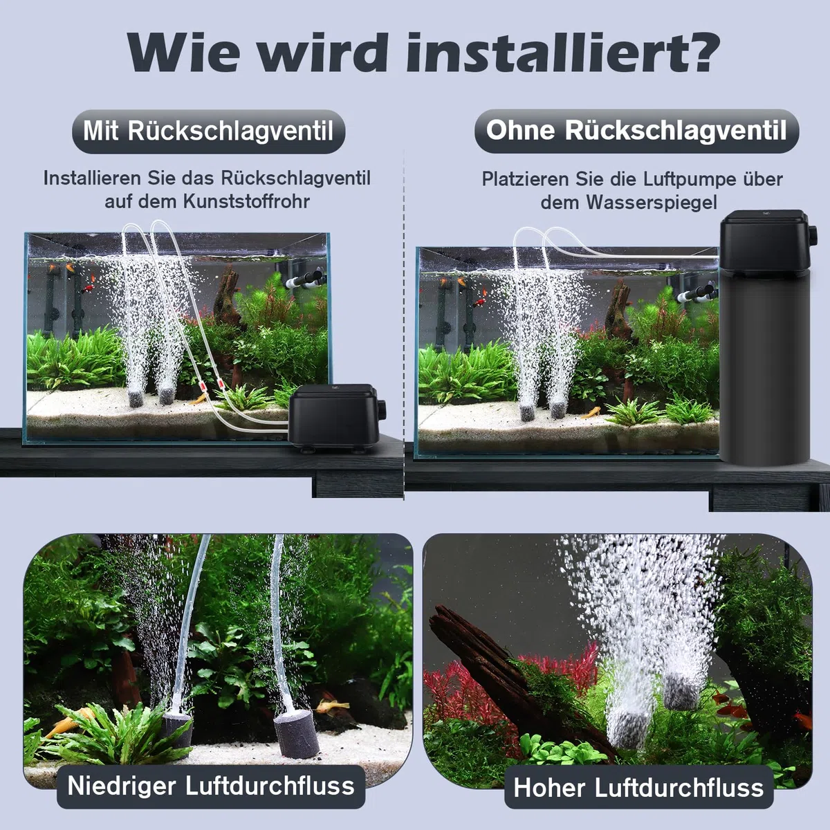 hygger Leiser Aquarienluftpumpe <30dB, Einstellbare geräuscharme Sauerstoffpumpe für Aquarien mit 2 Luftauslässen, Extrem Leistungsstarker leiser Belüftungspumpe mit Zubehör