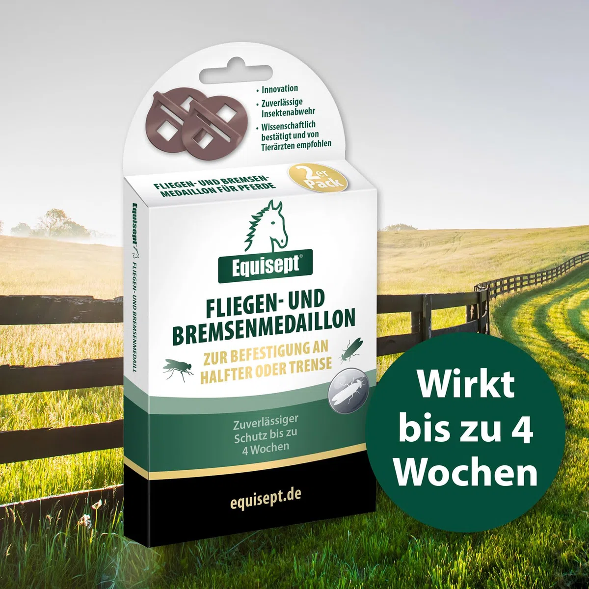 Equisept Fliegen- & Bremsen-Medaillon 2er Pack - Innovative Lösung zur Insektenabwehr am Pferd - Einfaches Anbringen an Halfter oder Trense - Bis zu 4 Wochen repellierende Wirkung - Dopingfrei