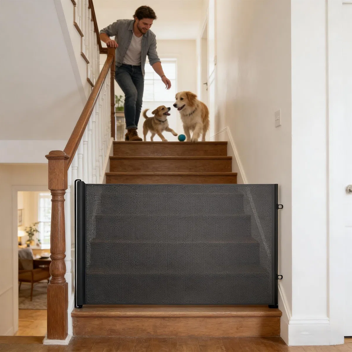Hundegitter – ohne Bohren einziehbarer , -Barriere mit Netz-Panel, Rolldesign und verstellbarem Montageset für Innen- und Außenbereich, Flur, Treppenhaus, Küche, Schlafzimmer und