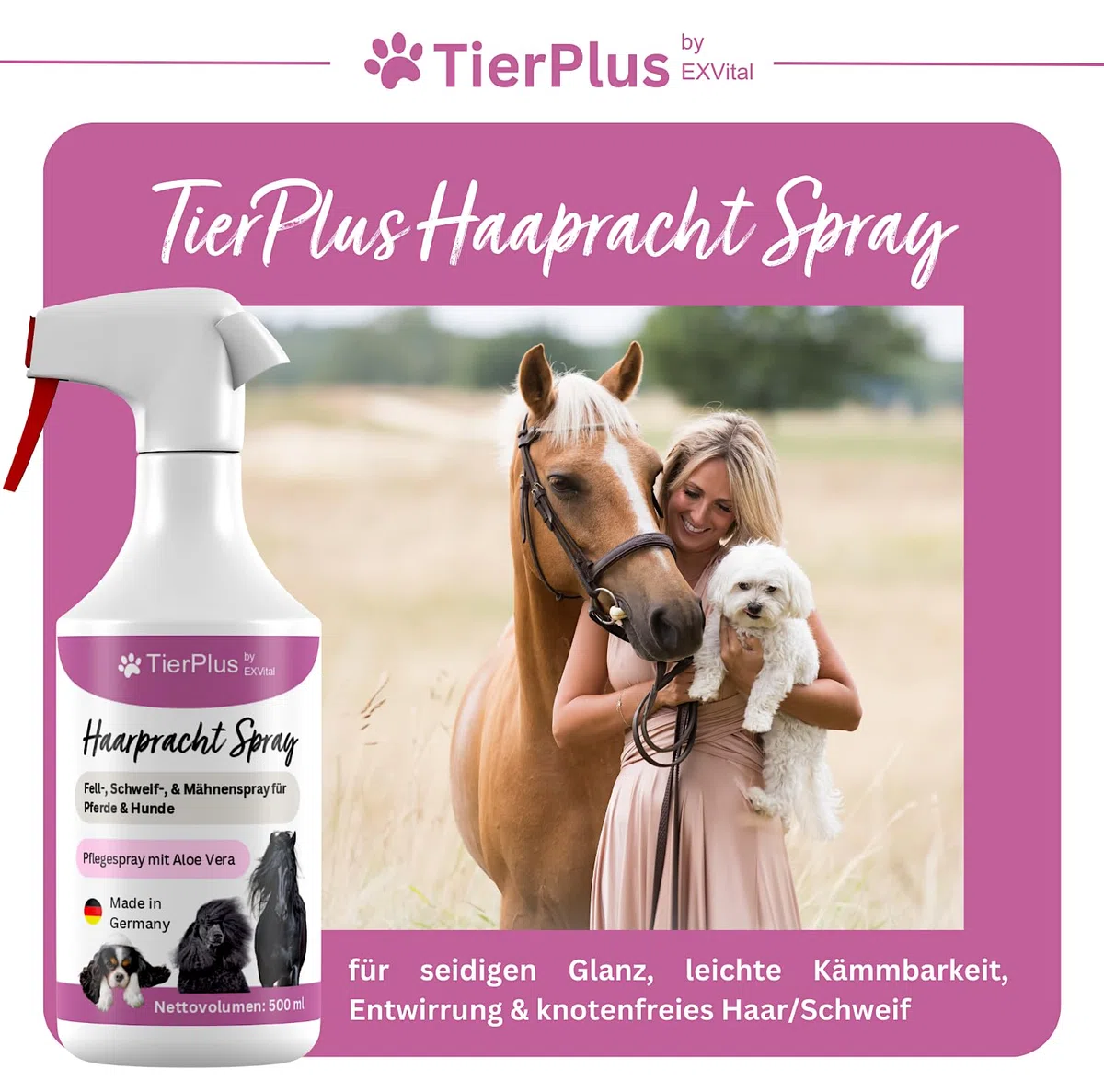 Haarpracht Spray für Pferde & Hunde, 500 ml Sprühflasche, Fell-, Schweif-, & Mähnenspray, Pflegespray für seidigen Glanz, leichte Kämmbarkeit & Entwirrung, natürlich hautschonende Pflege
