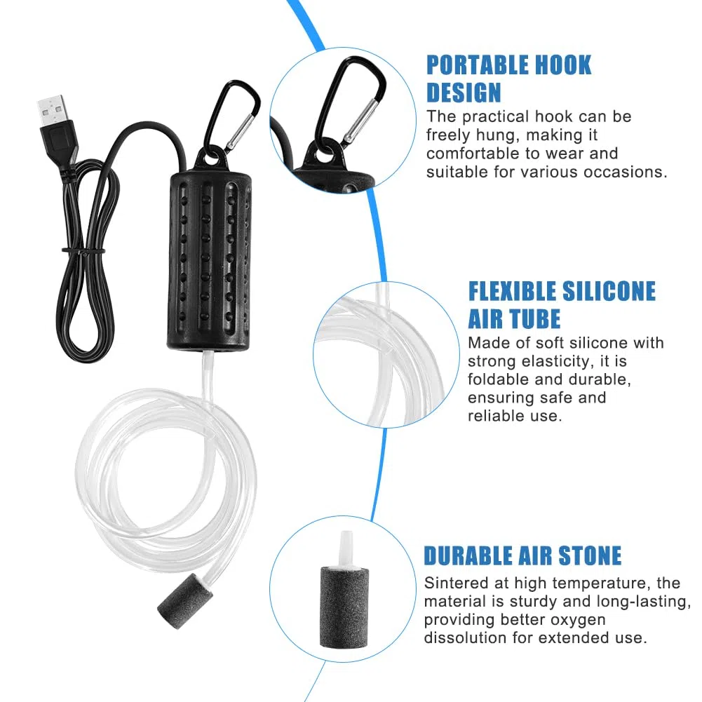 2 Stück Aquarium Luftpumpe, Mini Sauerstoffpumpe USB, leise Oxygen Pumpe 1W mit Luftstein und Schlauch, energiesparende Membranpumpe für Fischtank Wasserpumpe