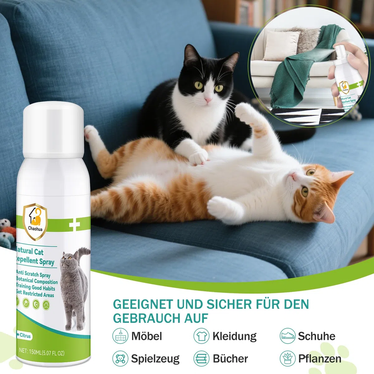 Katzenabwehrspray, 150ml Fernhaltespray Katzen für Innen und Außen, Anti Katzen Spray, Katzenschreck Spray für Pflanzen, Sofas, Böden, Möbel, Schützt Ihr Zuhause
