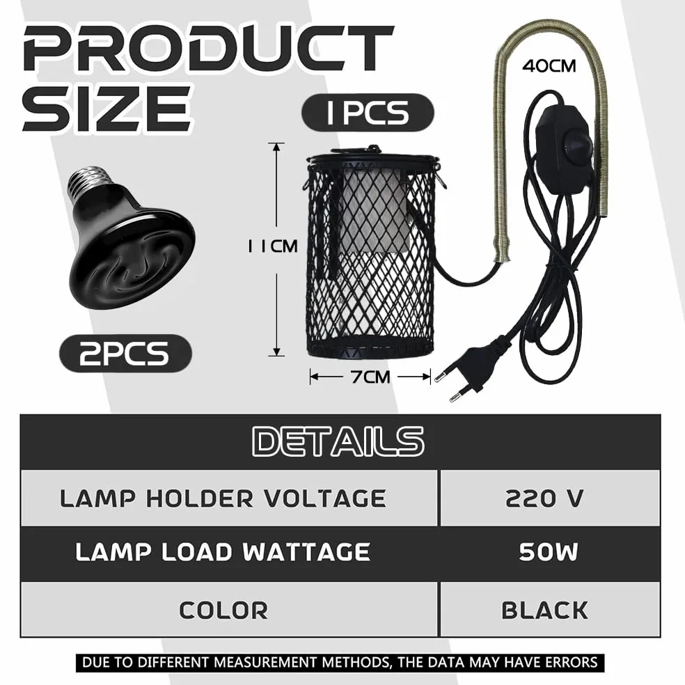 Reptilien Wärmelampe mit Schutzkorb, 2 Keramik Wärmelampen E27 mit Lampensockel Halter, Wärmelampe für Schildkröten, Einstellbare Temperatur, für Reptilien, Vögel, Chamäleon (50 W, Schwarz)