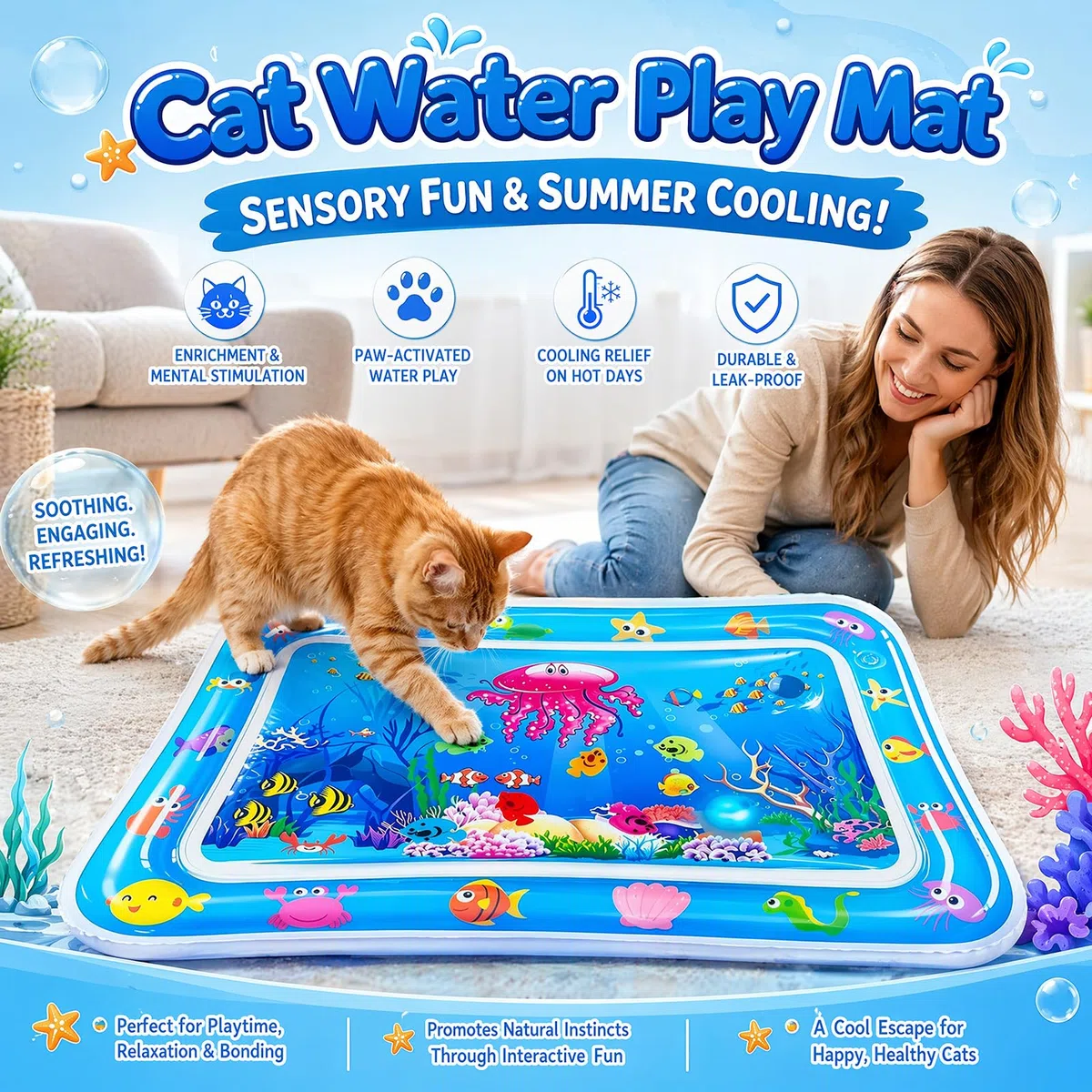 Wassermatte Katze, Wasserspielmatte Katze Hund, Verdickte PVC Katzen Kühlmatte mit Fischen & LED-Licht, Interaktives Katzenspielzeug Selbstbeschäftigung für Langeweile 60x40CM