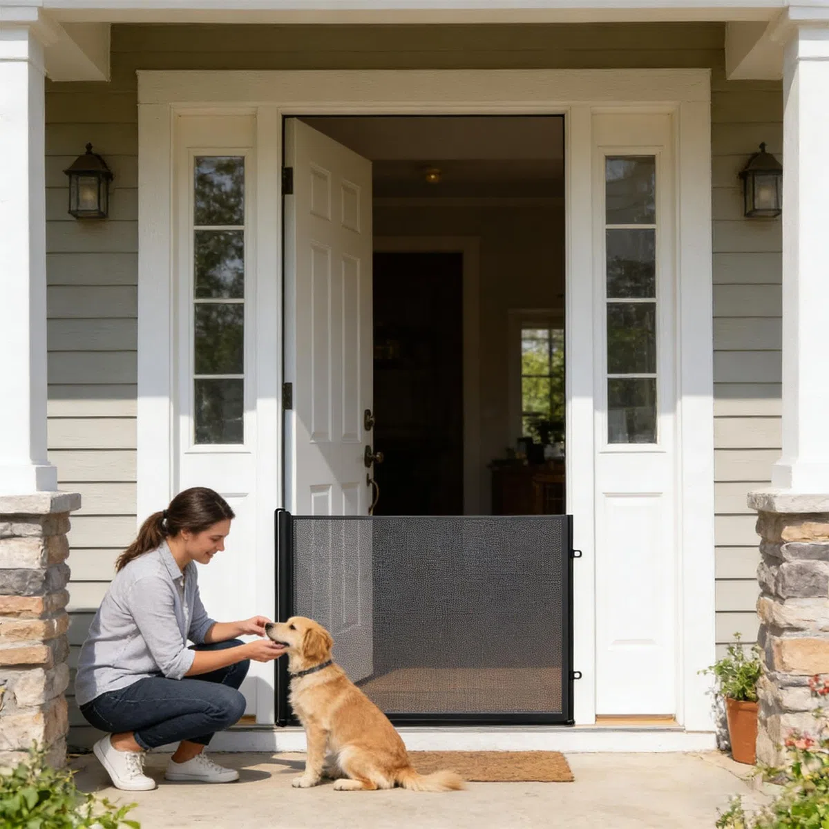 Hundegitter – ohne Bohren einziehbarer , -Barriere mit Netz-Panel, Rolldesign und verstellbarem Montageset für Innen- und Außenbereich, Flur, Treppenhaus, Küche, Schlafzimmer und