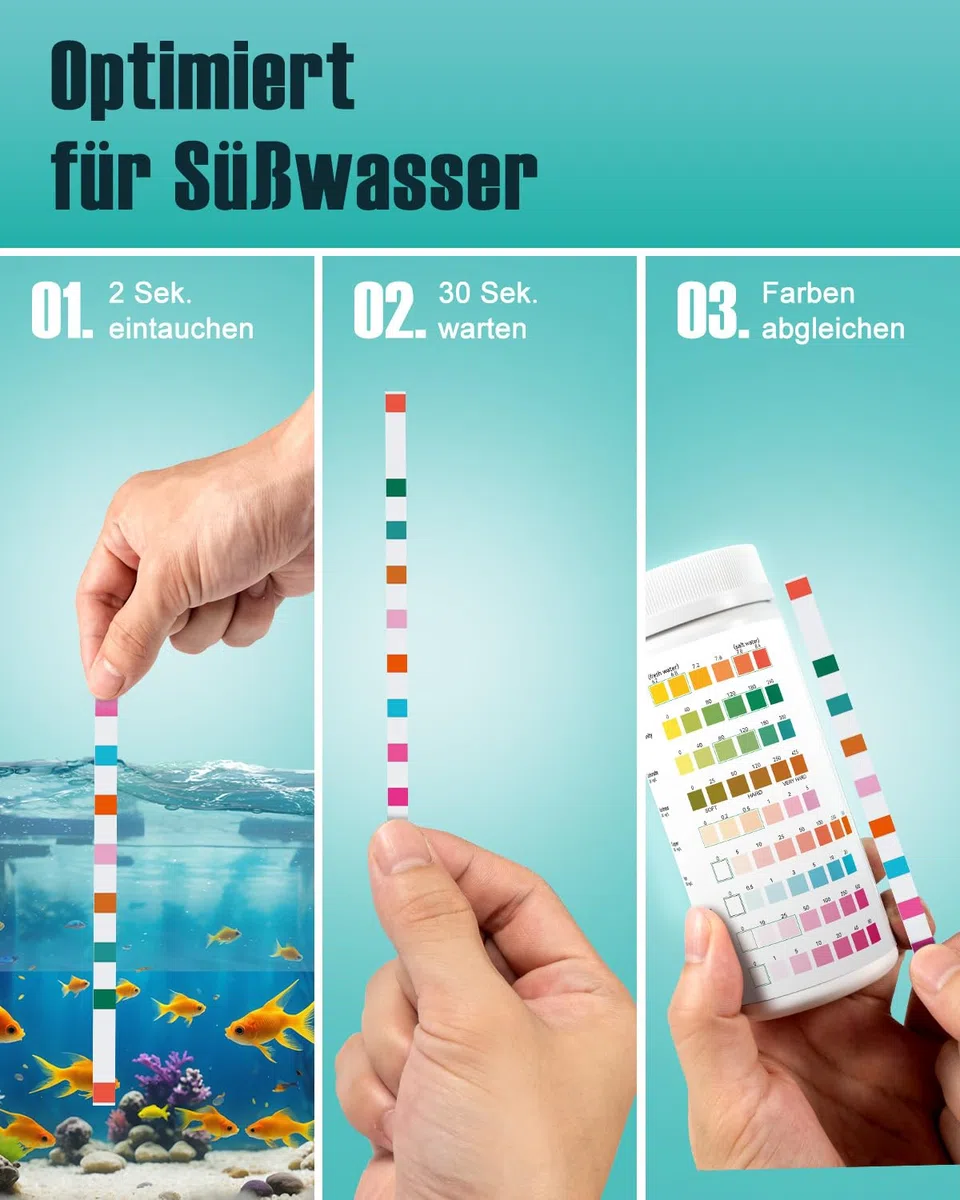 Aquarium Teststreifen - 9-in-1 Wassertestkoffer: Schnell & Präzise Wassertests für Süß- und Salzwasser, 100 Streifen zur Messung von Nitrit, Ammoniak, pH, Härte, für die Aquarium Pflege (100)