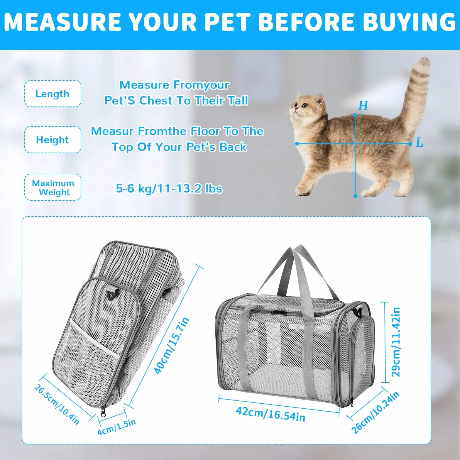 Katzentragetasche, Transporttasche für Katze Hund, Hundetransportbox Hundebox Faltbar, Katzentransportbox mit Tasche & Griffen, Transportbox für Kleine Hund Katze, Zug, Reisen(42x26x29cm)