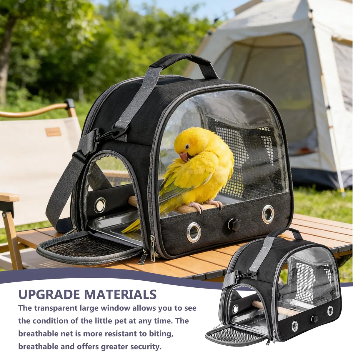 Vogel-Tragetasche mit Tablett und Stehstange, Vogel Transportbox, Atmungsaktiver Tragbarer Vogelkäfig für Wellensittich/Sittiche/Kleintiere, Bird Transport Box(Schwarz)