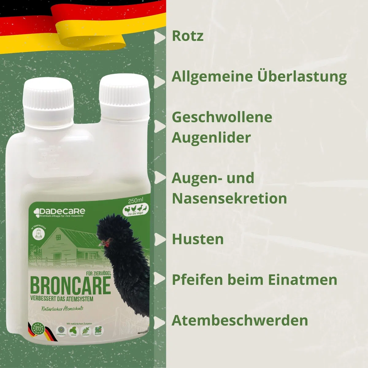 Broncare Respiratorischer Zusatz mit ADEC - 250 ml für Hühner, Geflügel und exotische Vögel - Mit ätherischen Ölen, Immunsystem- und Atemwegsstärkung - Enthält Echinacea, Minze und Rosmarin
