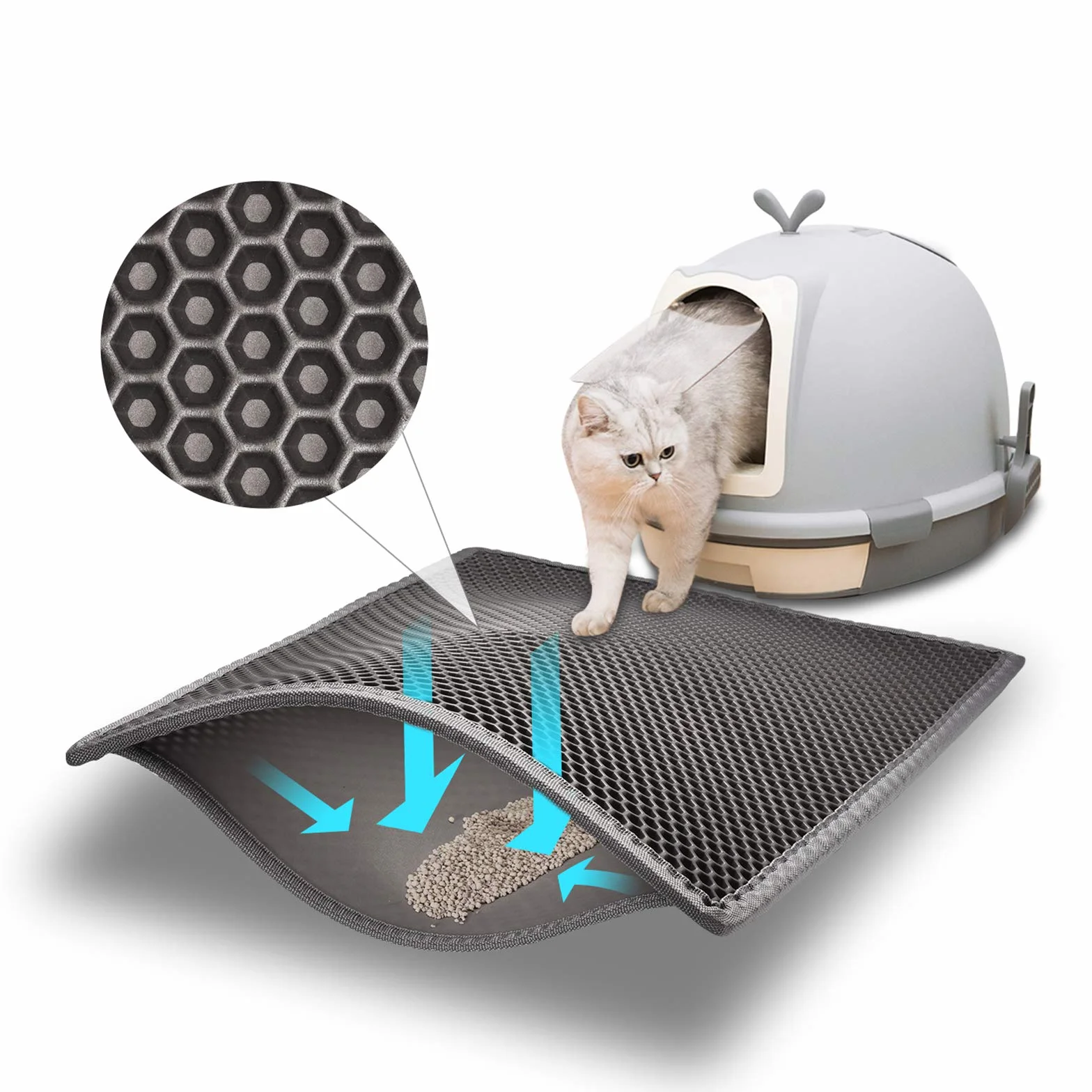 Pieviev Katzenklo Matte, Katzenstreu Matte Katzenklo Unterleger Waben Design Katzentoilette Vorleger Wasserdichte Doppelte Schichte Entwurf Bienenwabe Mat (Grau 61x38 cm)