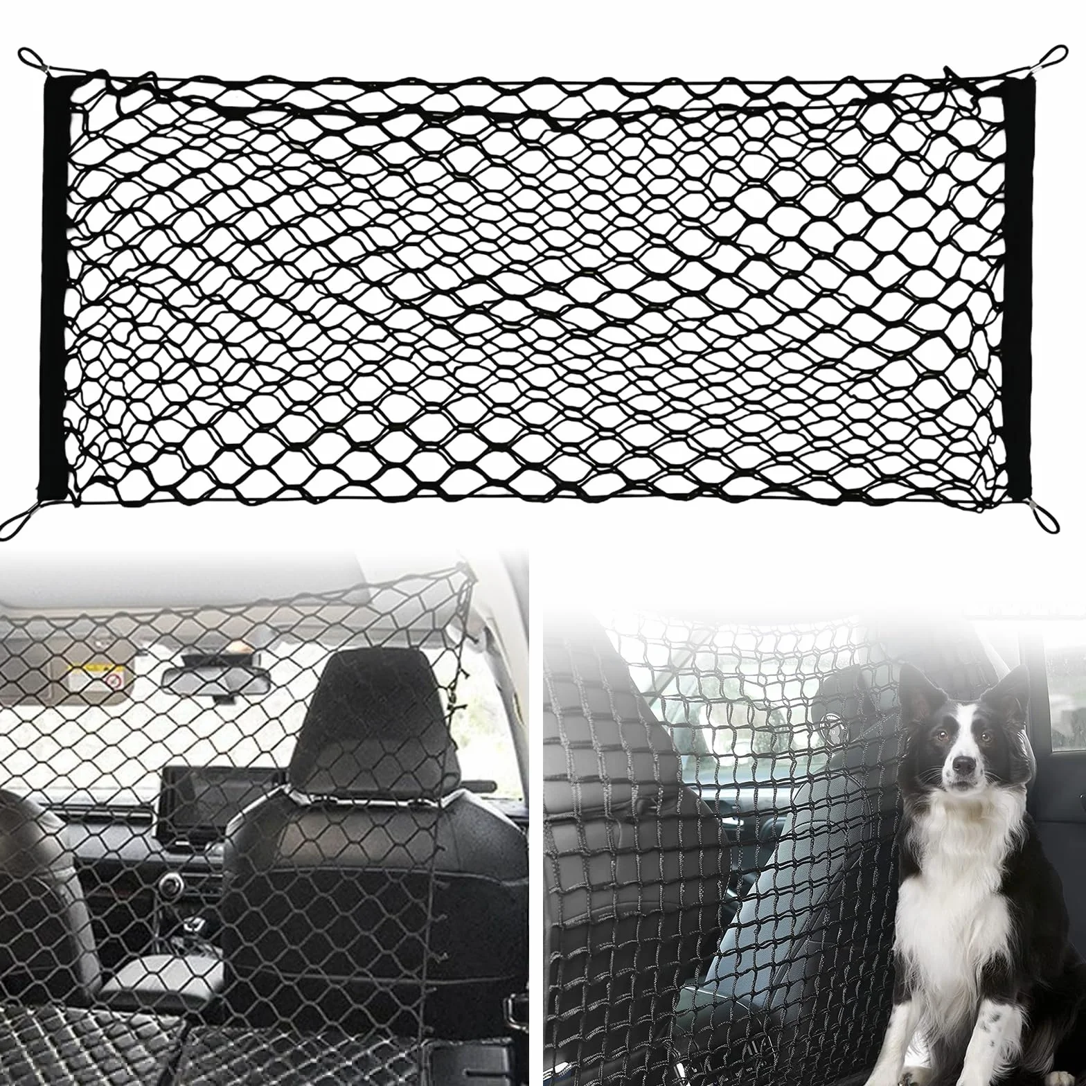 Schutzgitter Auto Barriere Trennnetz: Hundegitter Auto Hundeschutzgitter aus Polypropylen mit 4 Haken, Elastizität Hundegitter für den Kofferraum Doppelschicht Trenngitter Kofferraum Hund 120 x 90cm