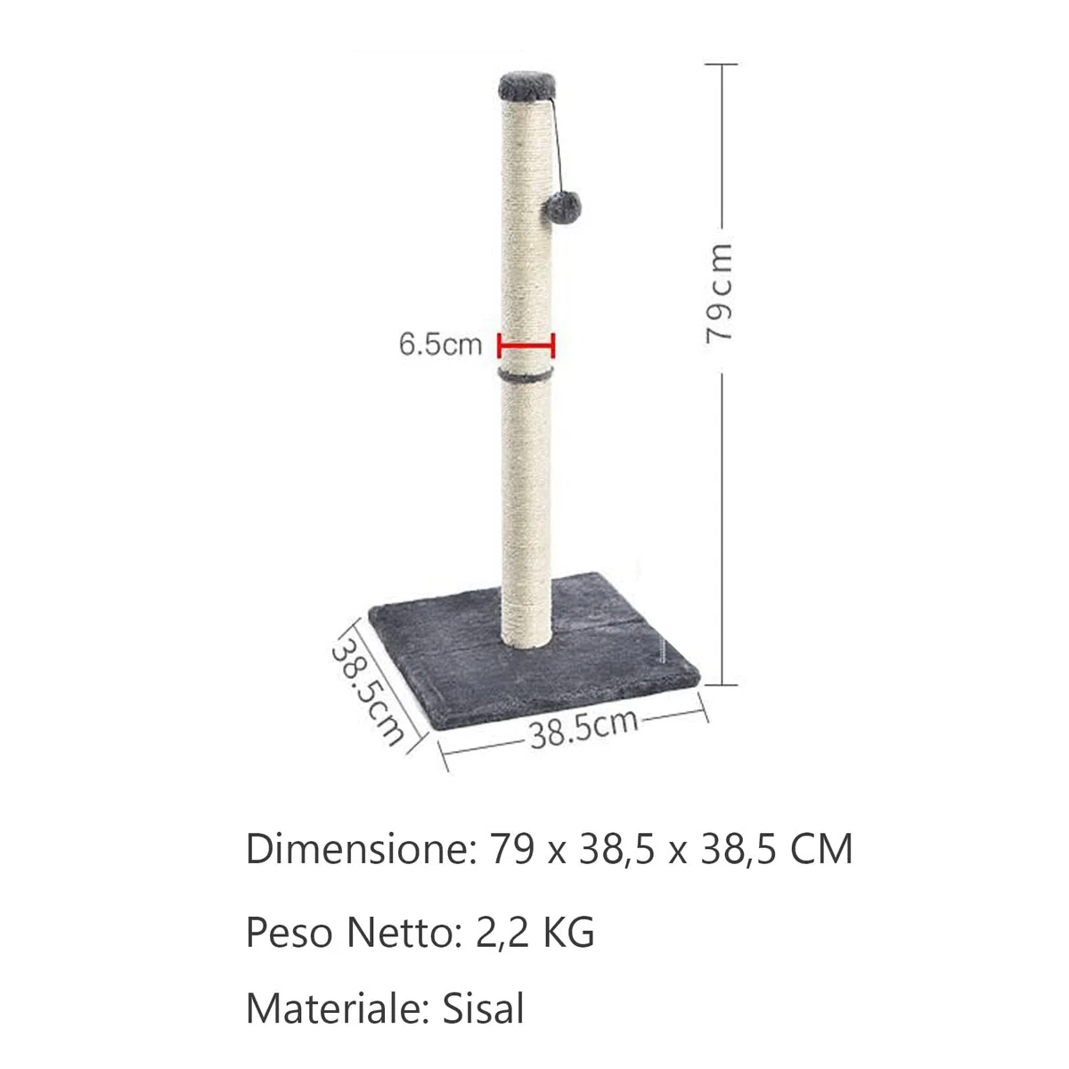 Kratzsäule für Katzen,Kratzbaum für Katzen 80cm Kratzsäule XXL Natural Sisal Seil Pole mit hängendem Ball, weicher Plüsch,Scratching Post