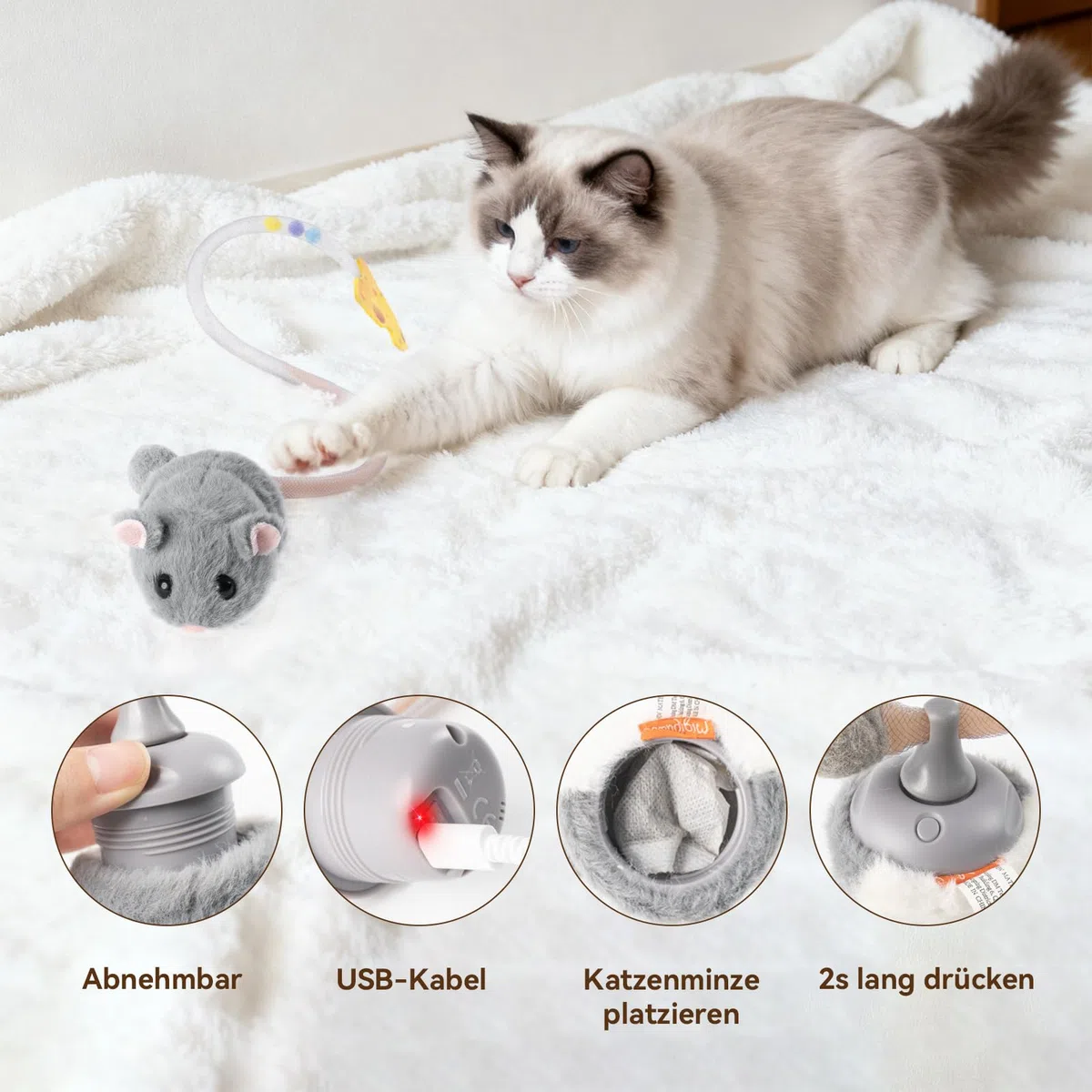 Migipaws Interaktives Katzenspielzeug, elektrisch rollende Migimaus mit wackelndem Schwanz,Intelligenter Sensor, Quietschen, Katzenspielzeug selbstbeschäftigung mit Katzenminze,wiederaufladbar
