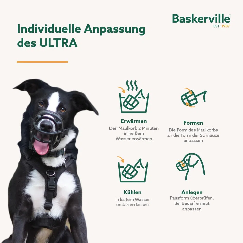 Baskerville ULTRA Maulkorb - Patentierter Maulkorb für Hunde, Hunde können hecheln, fressen und trinken, Verhindert das Beißen und Stöbern nach Wildtieren, Ideal für große Hunderassen (Größe 5)