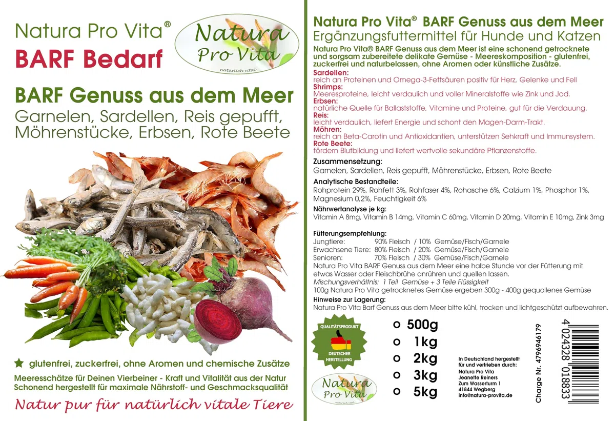 Gemüsemix Hund Barf Zusatz proteinreich Garnelen Fisch Reis Omega-3 Meeresgenuss für Hunde 500g