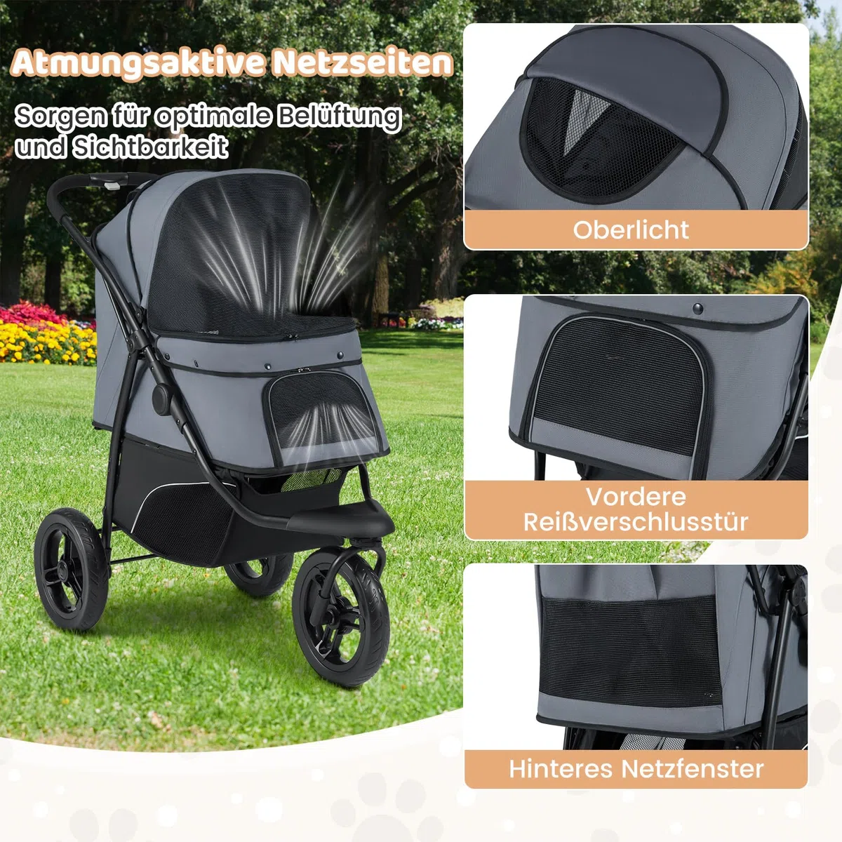COSTWAY Hundewagen klappbar, Hundebuggy bis 25 kg, Katzenwagen 3 Rad, Haustierwagen mit verstellbarem Sonnendach, Netzfenster, Korb & Polster, Haustierbuggy für Katzen Hunde (Grau)