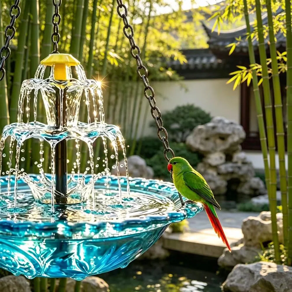 Vogeltränke Hängend mit Solarbrunnen, Wassertränke für Vögel mit Springbrunnen, 3 Stufig Vogeltränke zum Aufhängen, Solar Springbrunnen Vogelbad mit Fließendem Wasser, für Garten Hof Terrasse, Außen