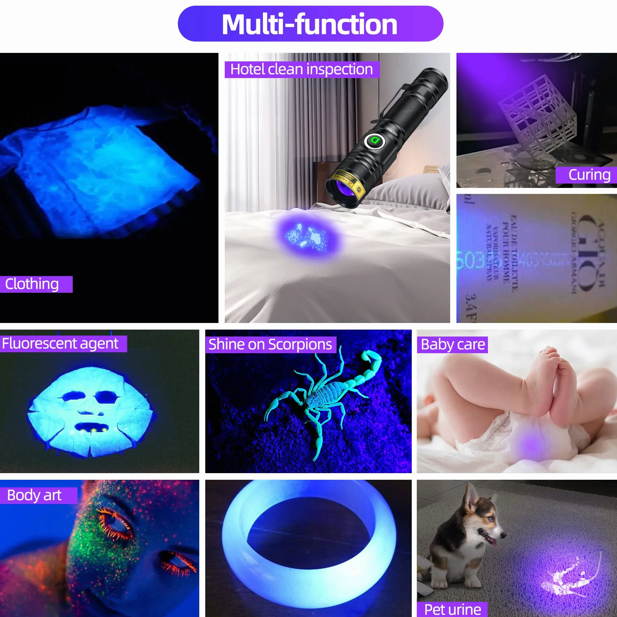 DARKDAWN UV Taschenlampe 395nm Licht USB Wiederaufladbare, Ultraviolett-LED-Schwarzlicht Woodsche Lampe Tragbare, Mini-Detektor für Haustier Urin Flecken, Edelstein, Harz Aushärtung, Fluoreszenz