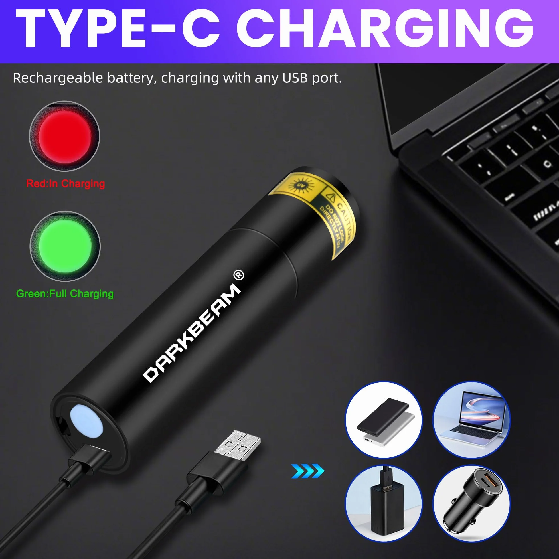 DARKBEAM 365nm UV Taschenlampe Mini Schwarzlicht – Wiederaufladbare USB-starke UV LED Taschenlampen, tragbare Woods-Lampe, Detektor für Aushärtung des Harzes, Bernstein Lampe, Heimtierurindetektoren