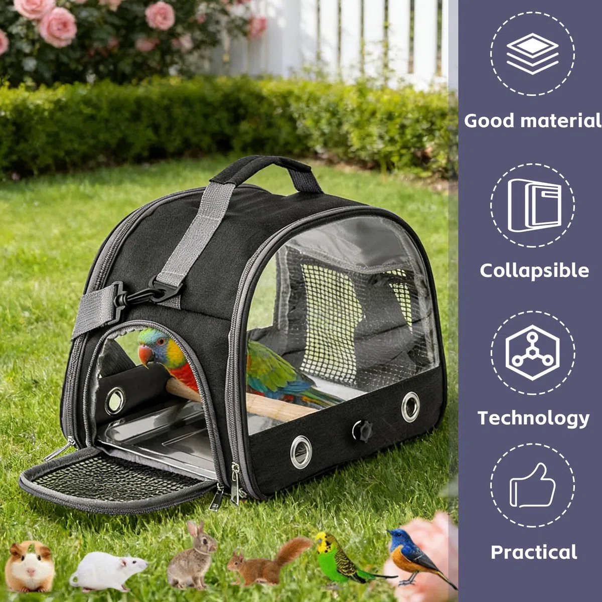 Vogel-Tragetasche mit Tablett und Stehstange, Vogel Transportbox, Atmungsaktiver Tragbarer Vogelkäfig für Wellensittich/Sittiche/Kleintiere, Bird Transport Box(Schwarz)