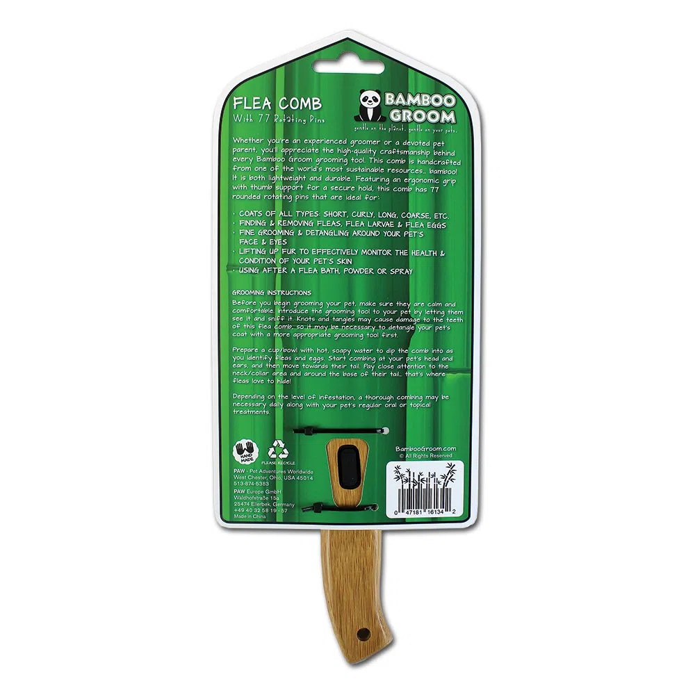 BAMBOO GROOM Flea Comb I Flohkamm mit 77 rotierenden Pins I Kamm aus Bambus zur Verteilung von Flohmittel I Hundebürste für jedes Fell I Bürste für sensible Bereiche I Flohkamm für Katzen & Hunde