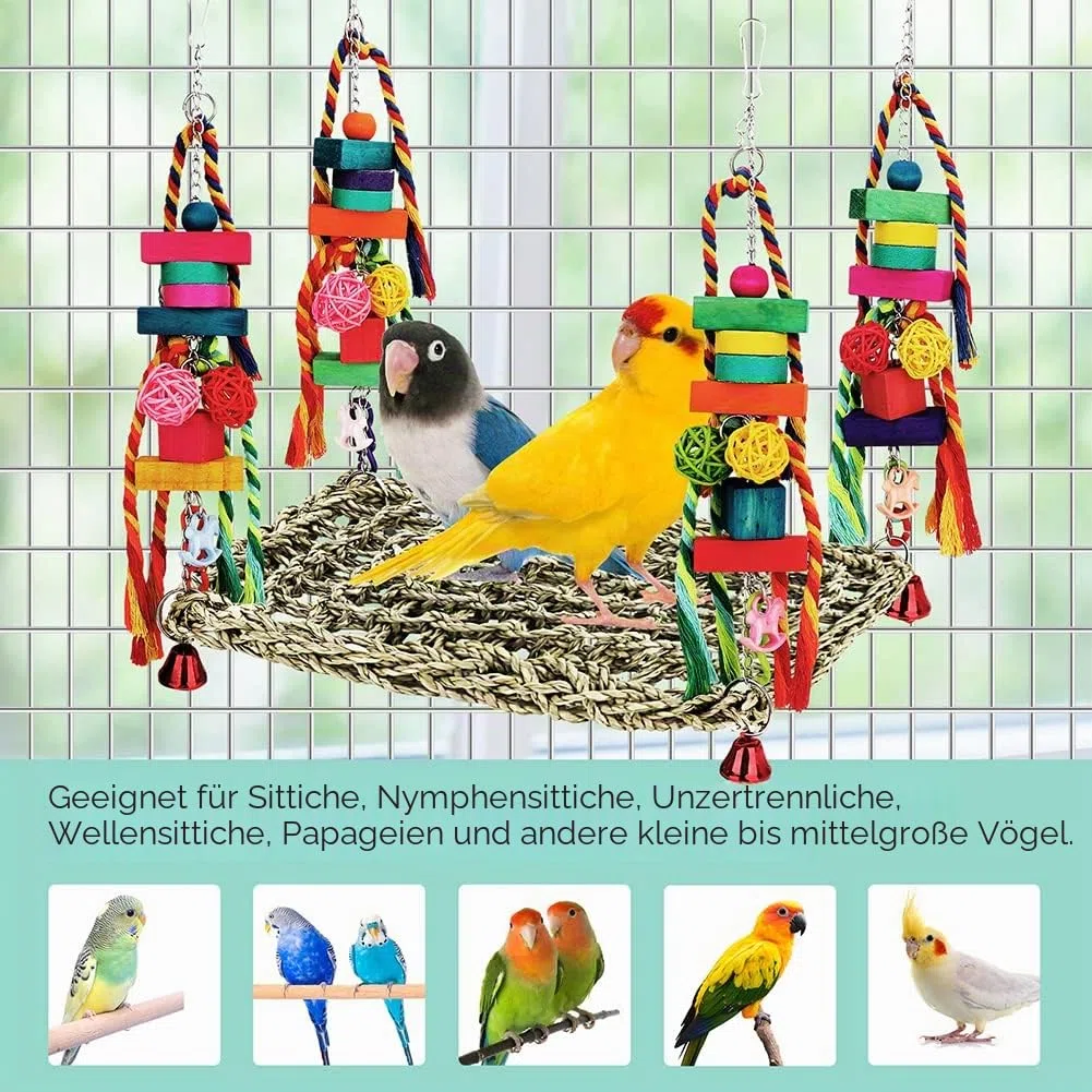 Vogelspielzeug, Sittichspielzeug, Vogelfutter, Wandspielzeug, Seegras, gewebte Hängematte, Schaukelmatte zum Klettern, Barsch, Schaukel, mit Buntem Holzkauspielzeug für Lovebirds, Sittiche (groß)