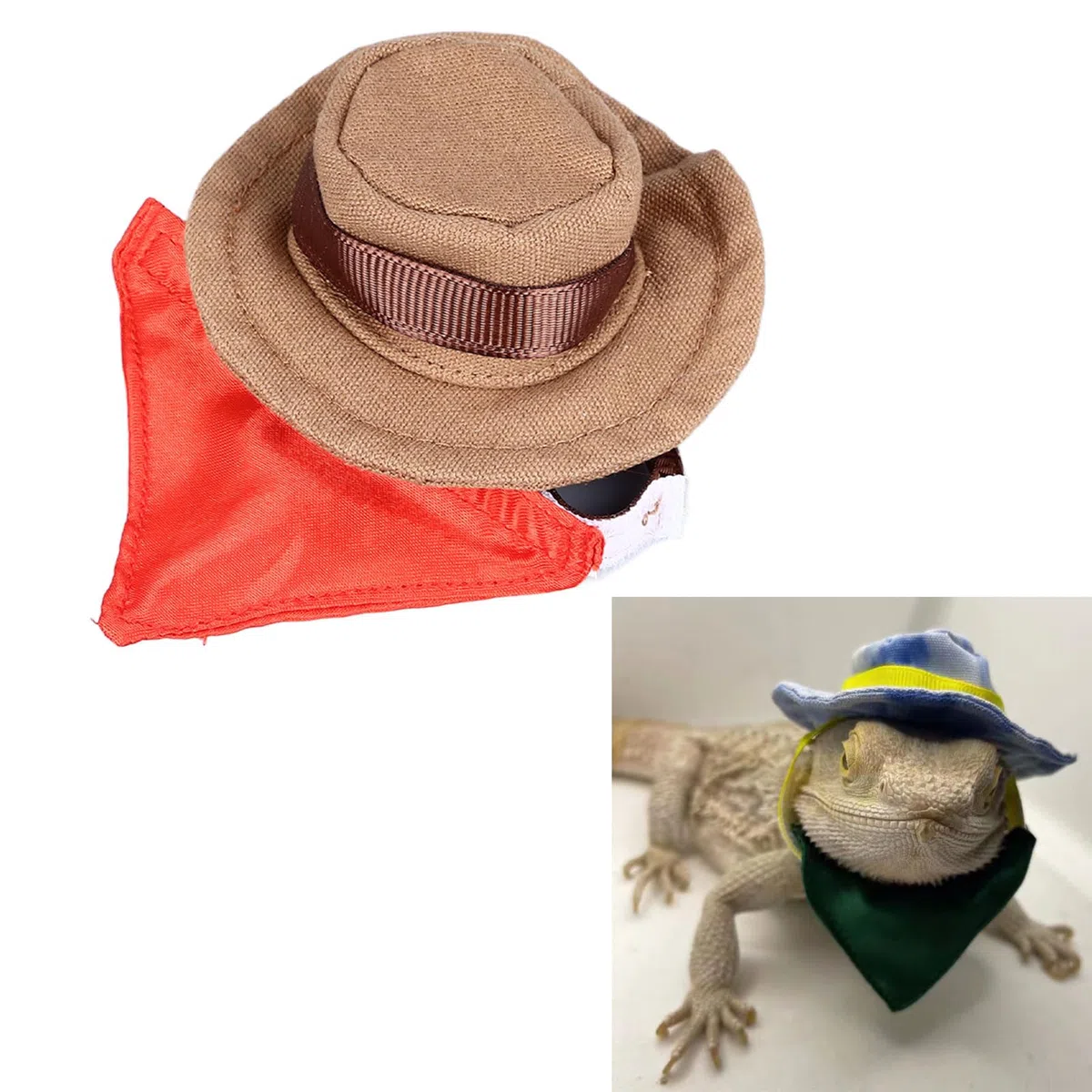 Luqeeg Reptilien-Cowboyhut, Haustier-Bandana, Verstellbares Bartagamen-Kostüm, Hut-Zubehör-Set für Eidechsen-Hamster, Kleiner Hund, Halloween-Thema, Lustige Haustier-Interaktion mit